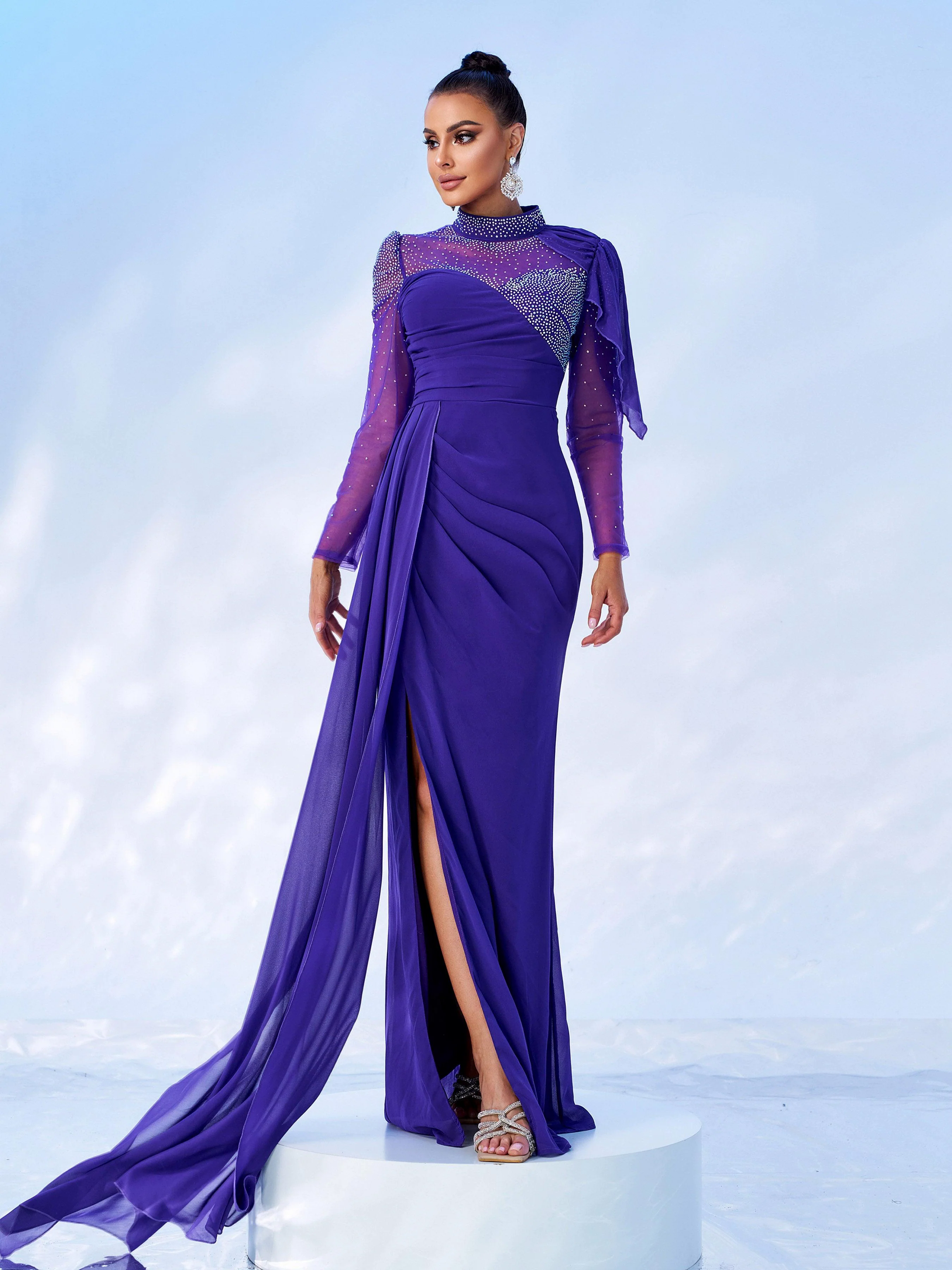 Purple Draped Panel Ruched Prom Dress MES00594 Purple Draped Panel Ruched Prom Dress MES00594