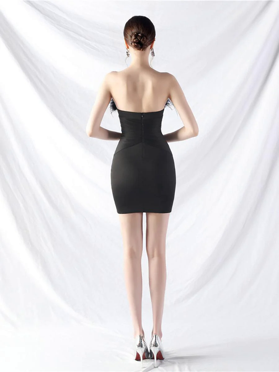 Feather Strapless Folds Beaded Mini Dress MYC2011 Feather Strapless Folds Beaded Mini Dress MYC2011