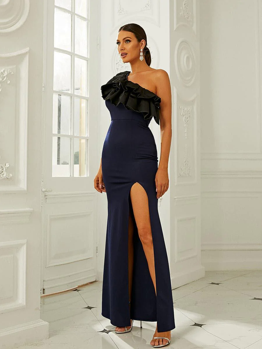 Elegant One Shoulder Ruffle Navy Prom Gown XJ1363 Elegant One Shoulder Ruffle Navy Prom Gown XJ1363