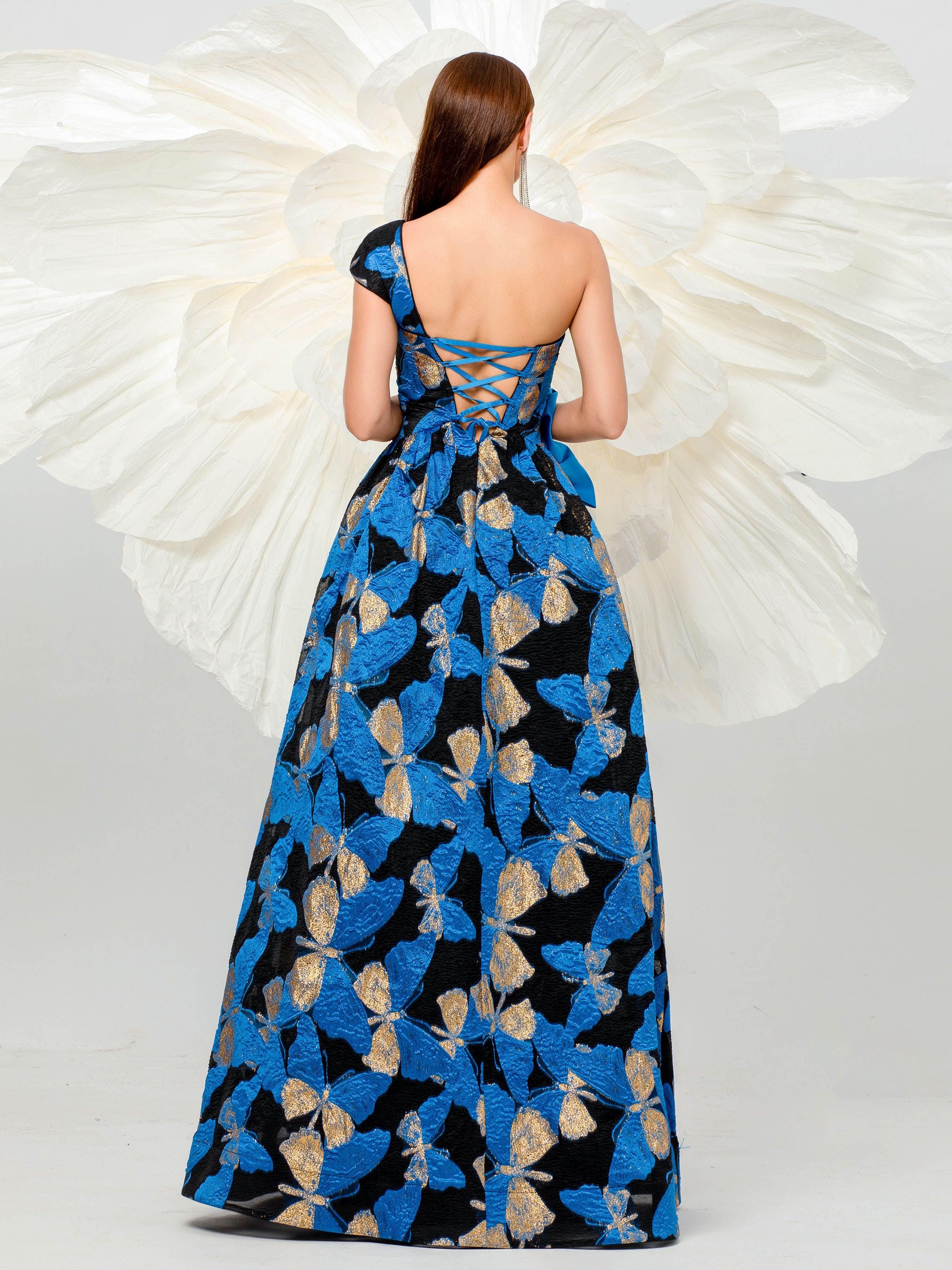 Pleated Jacquard Bow Floral A-line Dress DH80107 Pleated Jacquard Bow Floral A-line Dress DH80107