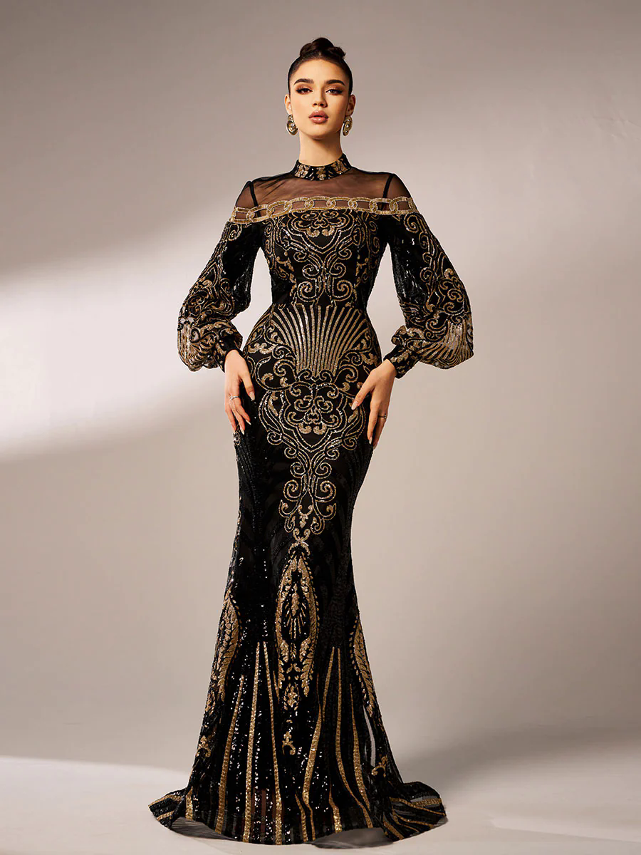 Luxe Embroidered Ballon Sleeve Evening Dress DH80229 Luxe Embroidered Ballon Sleeve Evening Dress DH80229