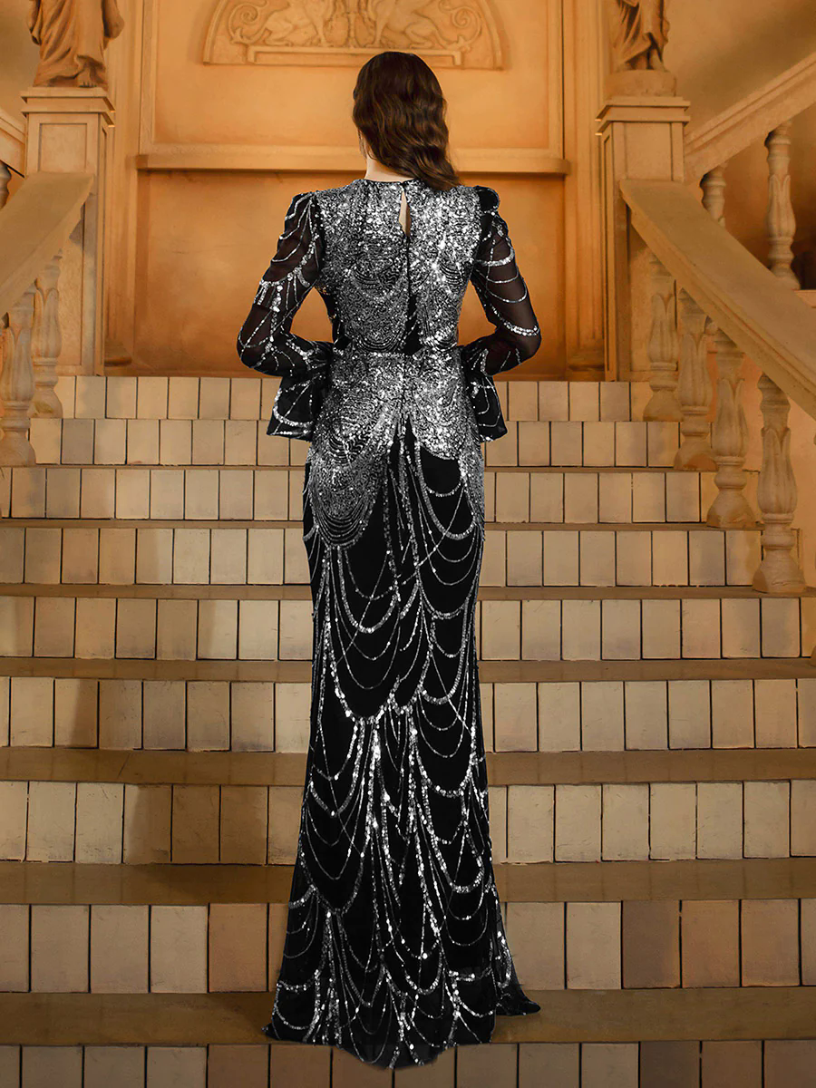 Black Sequin Ruffled Baroque Formal Dress MES72155 Black Sequin Ruffled Baroque Formal Dress MES72155