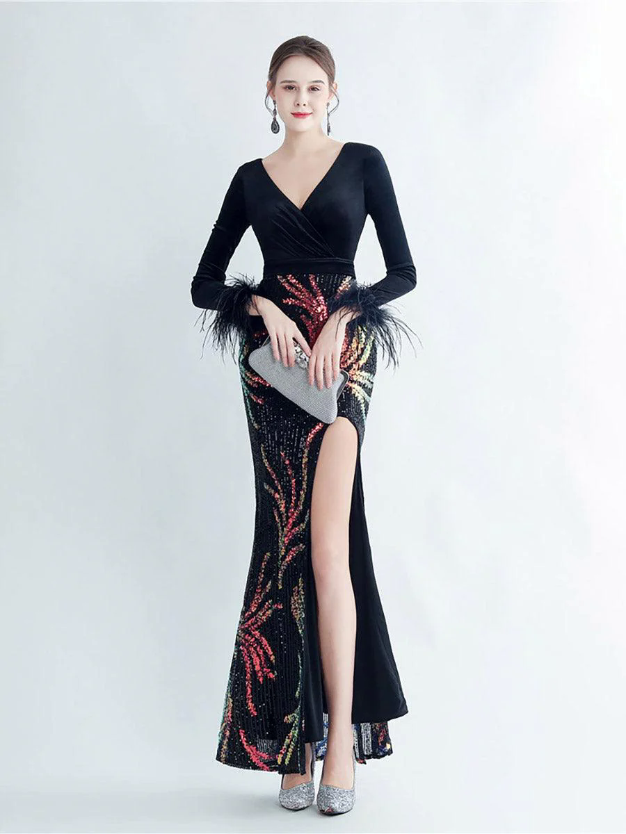 Long Sleeve Velvet Feather Wrap Prom Dress MCW0949 Long Sleeve Velvet Feather Wrap Prom Dress MCW0949