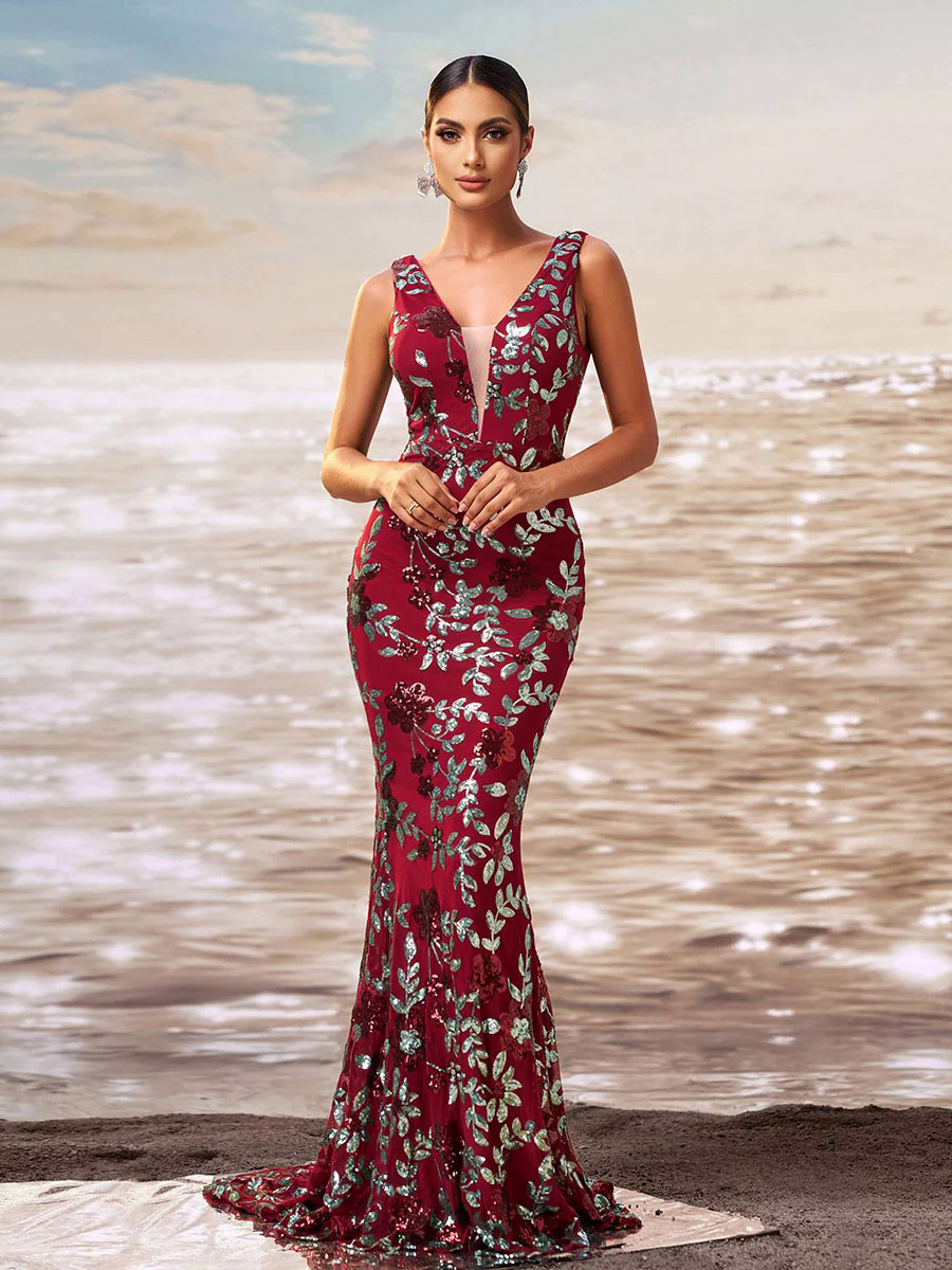 Floral V-neck Sequin Mermaid Prom Dress RJ10790 Floral V-neck Sequin Mermaid Prom Dress RJ10790