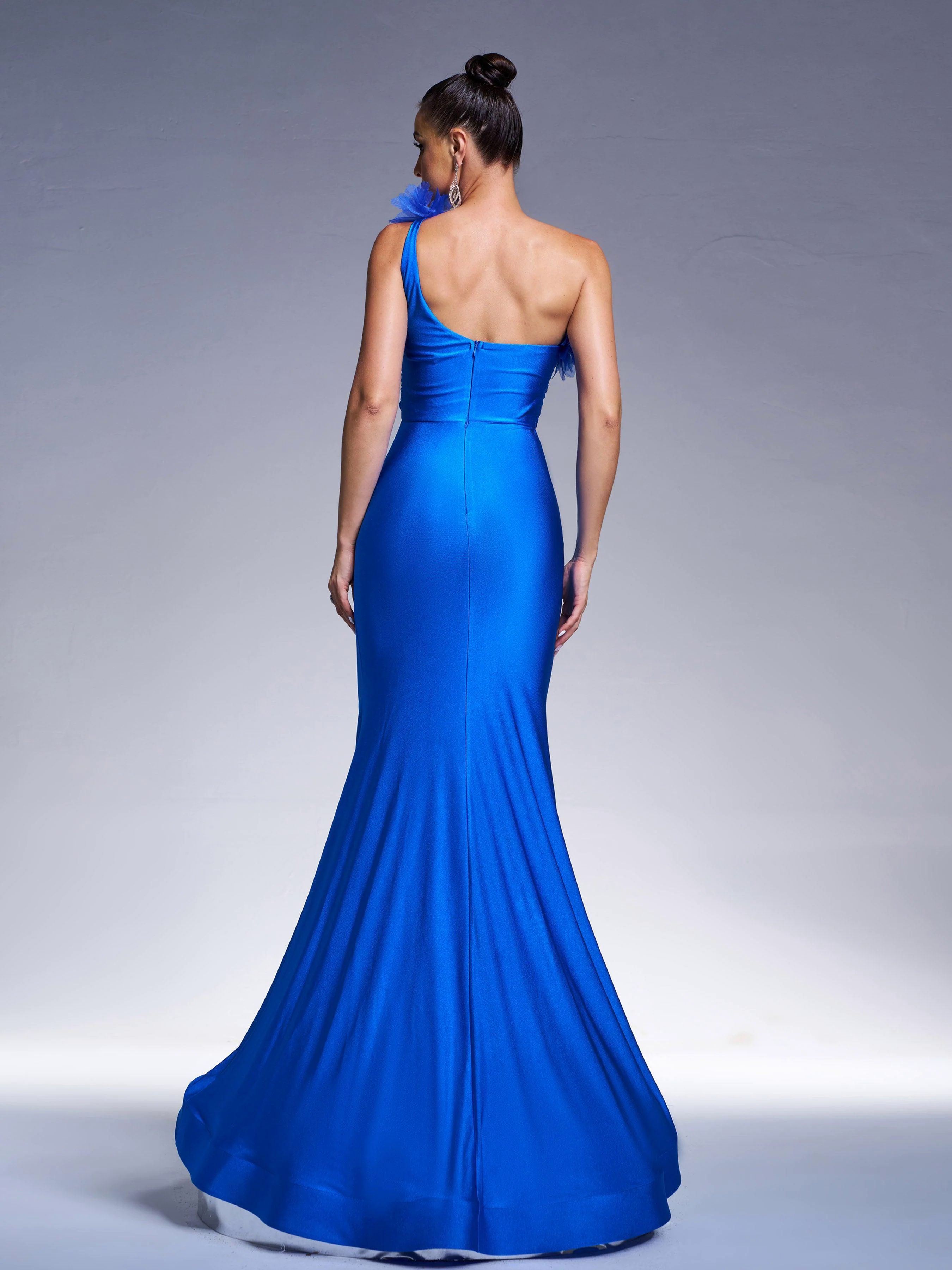 Blue One-Shoulder Feather Slit Prom Dress RJ12051 Blue One-Shoulder Feather Slit Prom Dress RJ12051