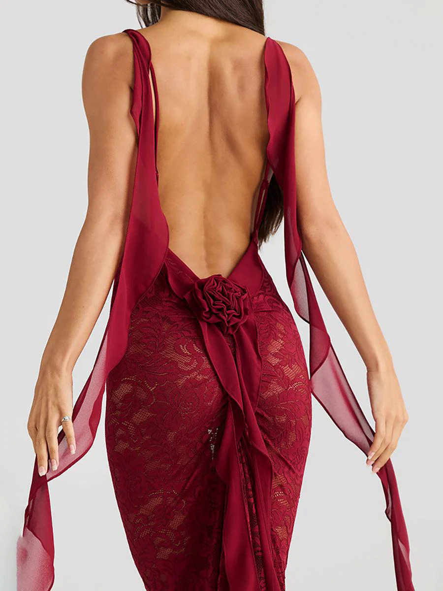 Backless Lace See-through Floral Party Dress MYC2025 Backless Lace See-through Floral Party Dress MYC2025