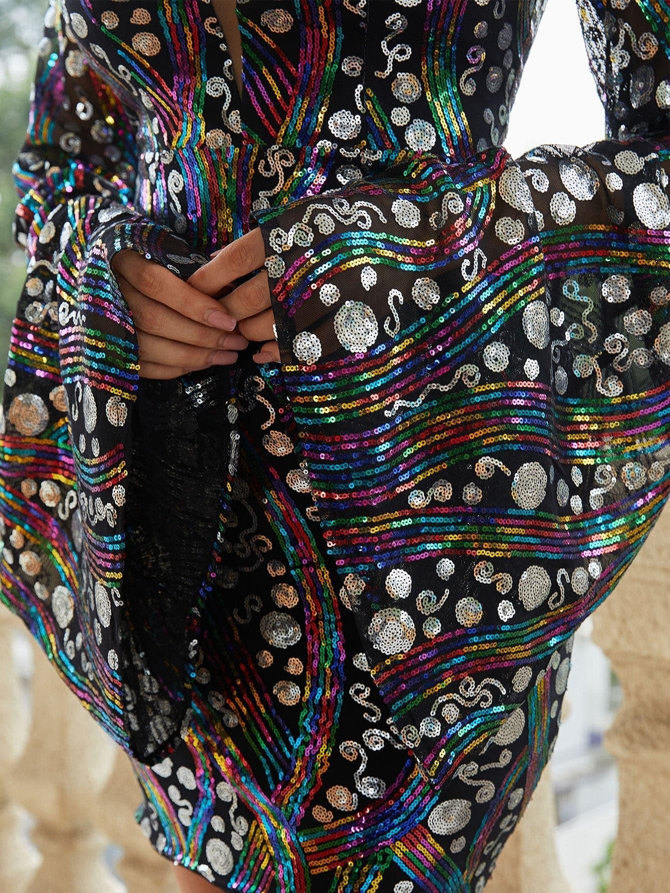 V-Neck Flared Sleeve Multicolor Sequin Mini Dress XJ1936 V-Neck Flared Sleeve Multicolor Sequin Mini Dress XJ1936
