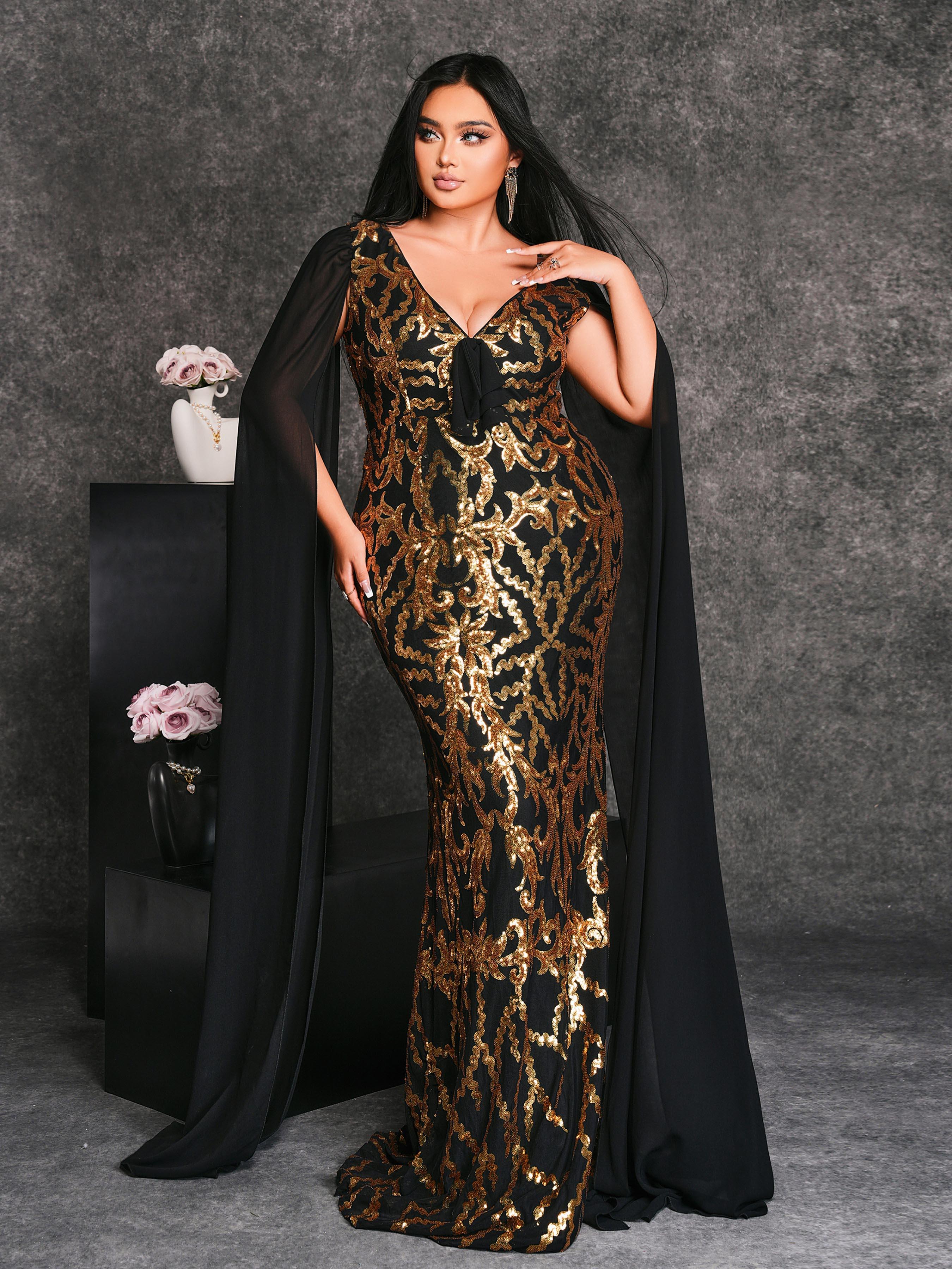 Plus V-neck Cape Sleeve Formal Dress PRX70124 Plus V-neck Cape Sleeve Formal Dress PRX70124