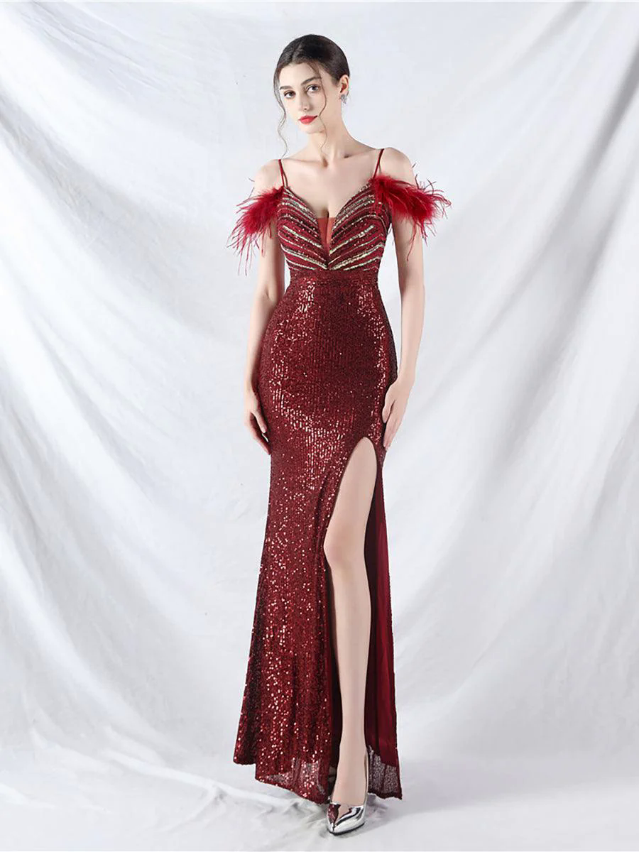 Cold Shoulder Feather Sequin Cocktail Dress MYC2006 Cold Shoulder Feather Sequin Cocktail Dress MYC2006