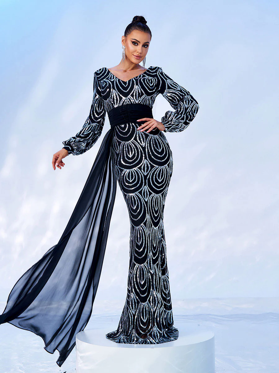 Formal Draping Sequin Long Sleeve Dress XJ1524 Formal Draping Sequin Long Sleeve Dress XJ1524