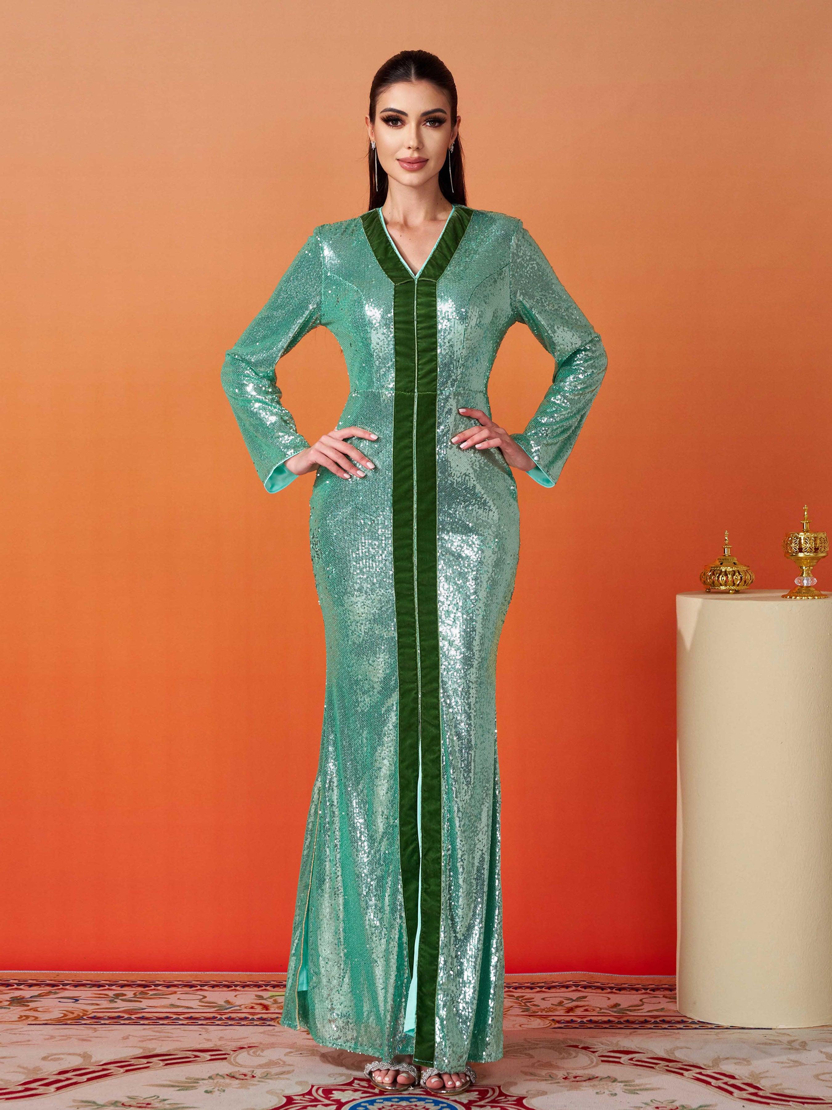 Stand Collar Split Maxi Sequin Dress MES00358 Stand Collar Split Maxi Sequin Dress MES00358
