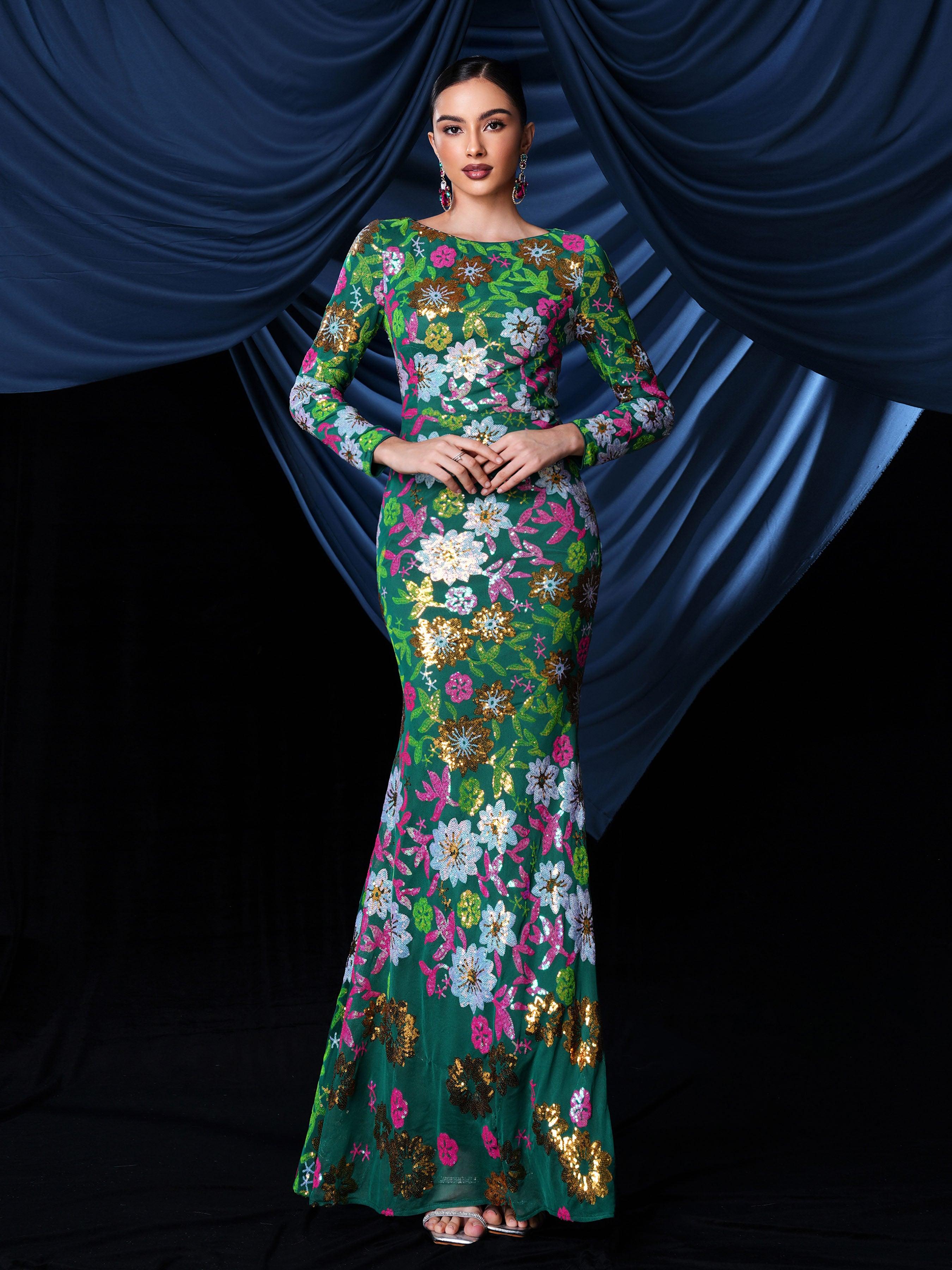 Crew Neck Floral Sequin Dress RJ10987 Crew Neck Floral Sequin Dress RJ10987