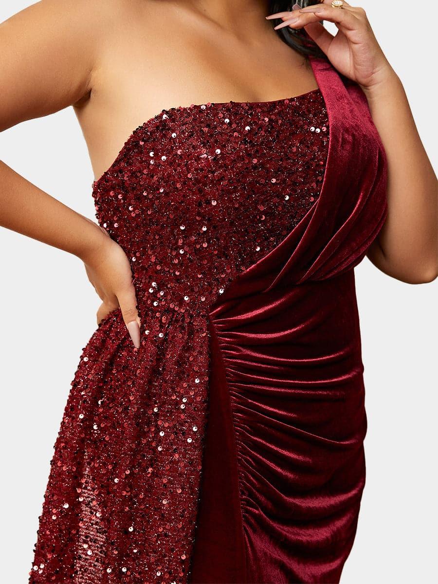 Plus Size One Shoulder Draped Sequin Burgundy Prom Dress PXH2356 Plus Size One Shoulder Draped Sequin Burgundy Prom Dress PXH2356