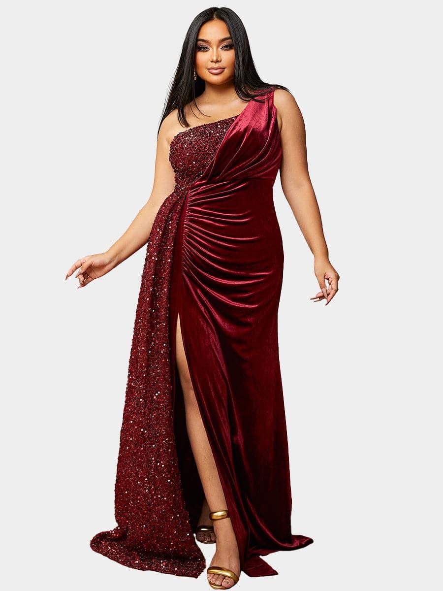 Plus Size One Shoulder Draped Sequin Burgundy Prom Dress PXH2356 Plus Size One Shoulder Draped Sequin Burgundy Prom Dress PXH2356