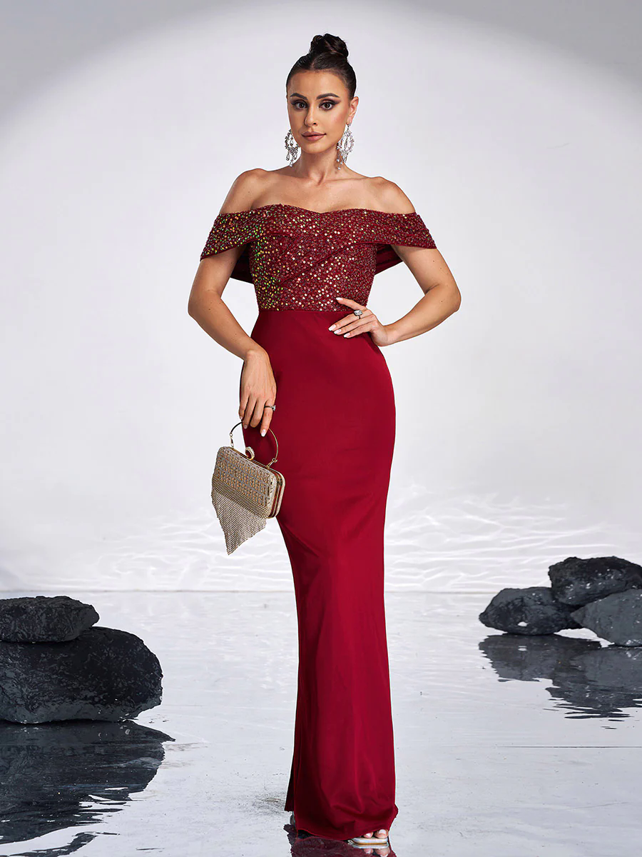 Off Shoulder Sequins Panel Black Evening Dress RM20181 Off Shoulder Sequins Panel Black Evening Dress RM20181