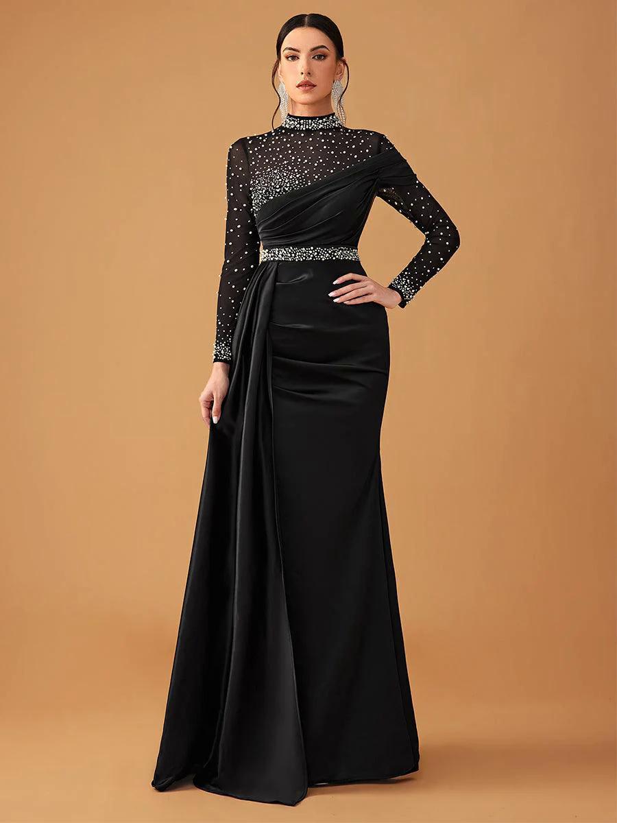 Elegant Mesh Beaded Satin Turtleneck Evening Dress GM90146 Elegant Mesh Beaded Satin Turtleneck Evening Dress GM90146