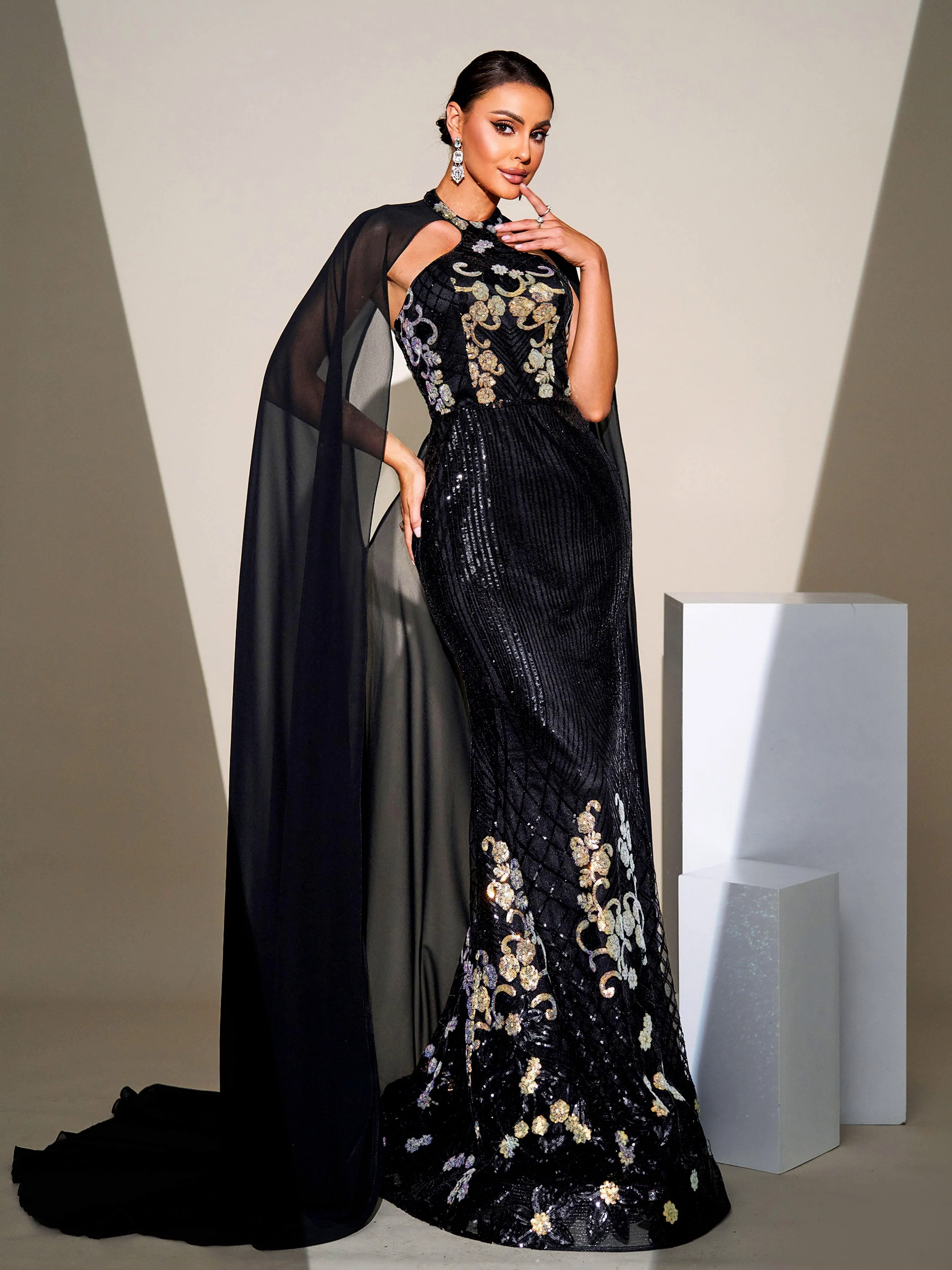 Cape Sleeve Mermaid Sequin Formal Dress DH80100 Cape Sleeve Mermaid Sequin Formal Dress DH80100