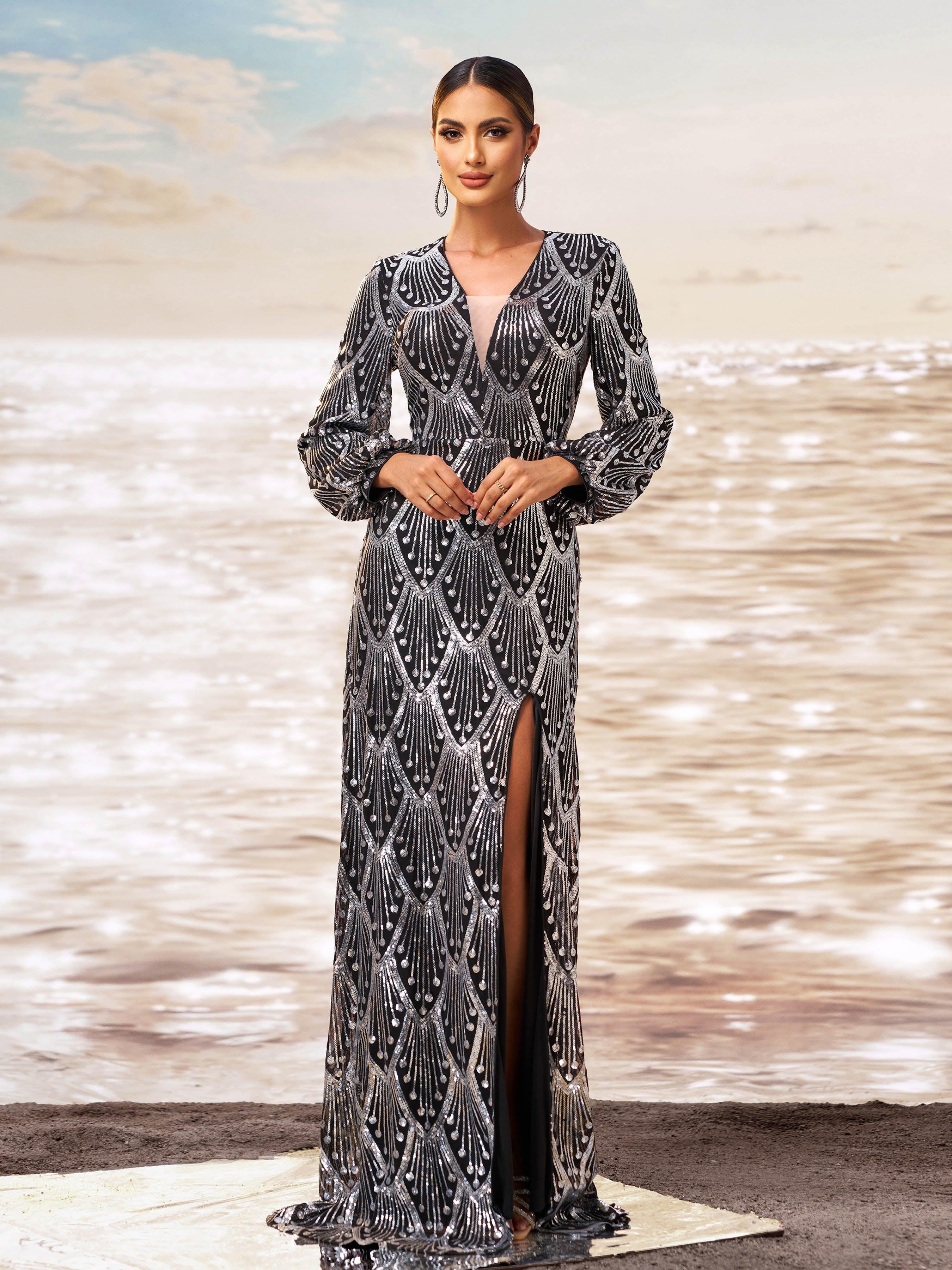 Black Sequin V-neck Split Evening Dress GM00658 Black Sequin V-neck Split Evening Dress GM00658