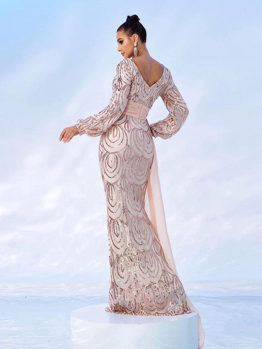 Formal Draping Sequin Long Sleeve Dress XJ1524 Formal Draping Sequin Long Sleeve Dress XJ1524