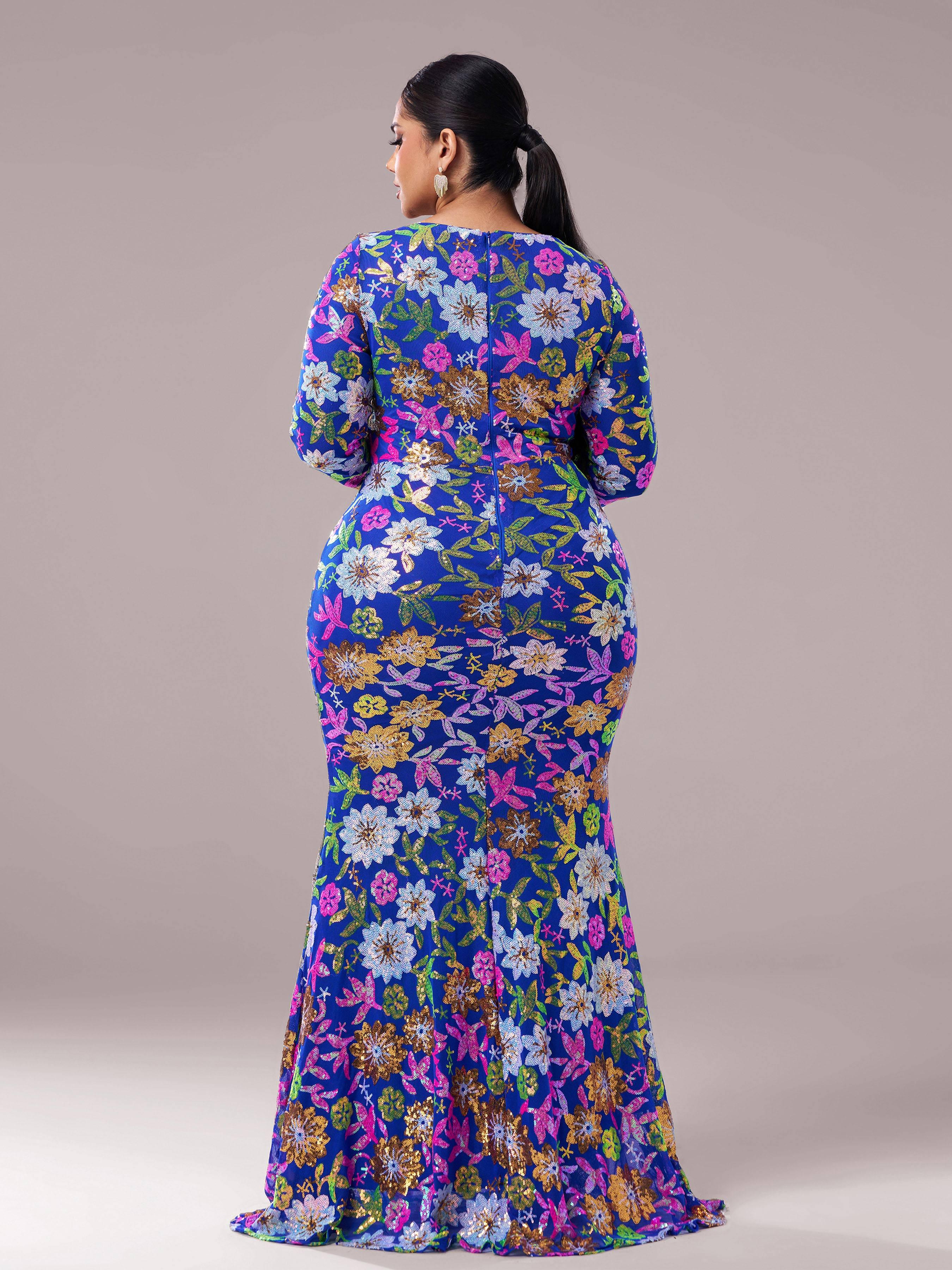Plus Crew Neck Floral Sequin Dress PRJ10987 Plus Crew Neck Floral Sequin Dress PRJ10987