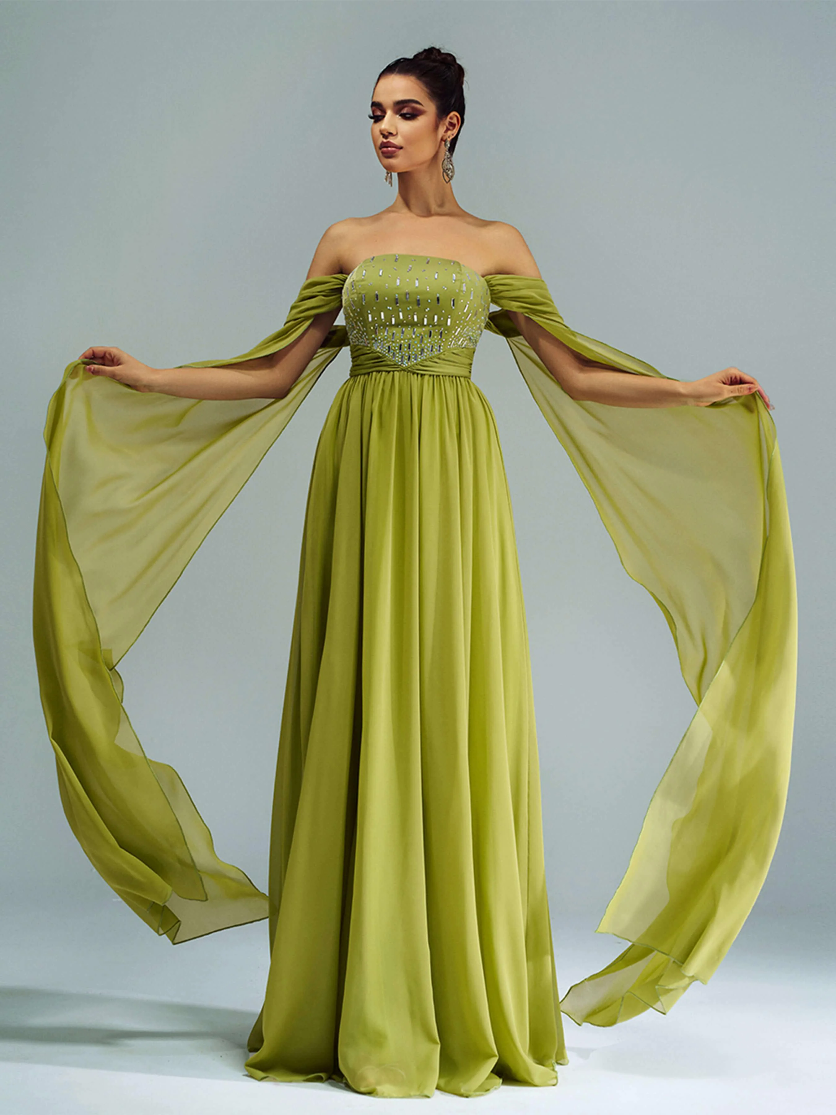 Green Chiffon Rhinestone Off Shoulder Prom Dress RX70147 Green Chiffon Rhinestone Off Shoulder Prom Dress RX70147