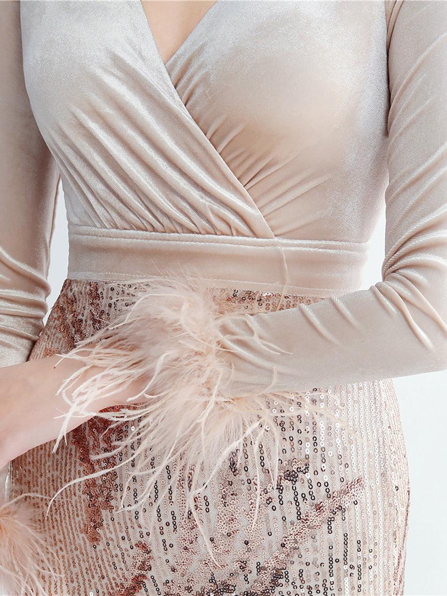 Long Sleeve Velvet Feather Wrap Prom Dress MCW0949 Long Sleeve Velvet Feather Wrap Prom Dress MCW0949