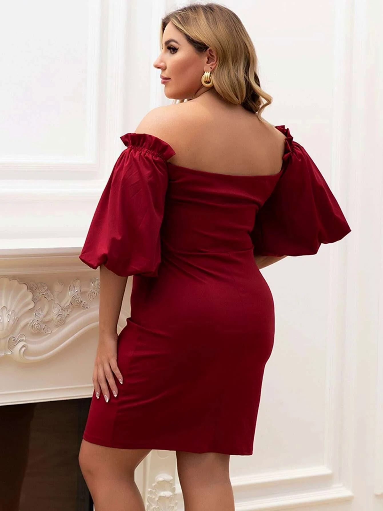 Plus Size Off Shoulder Bishop Sleeve Mini Satin DarkRed Prom Dress P0052 Plus Size Off Shoulder Bishop Sleeve Mini Satin DarkRed Prom Dress P0052
