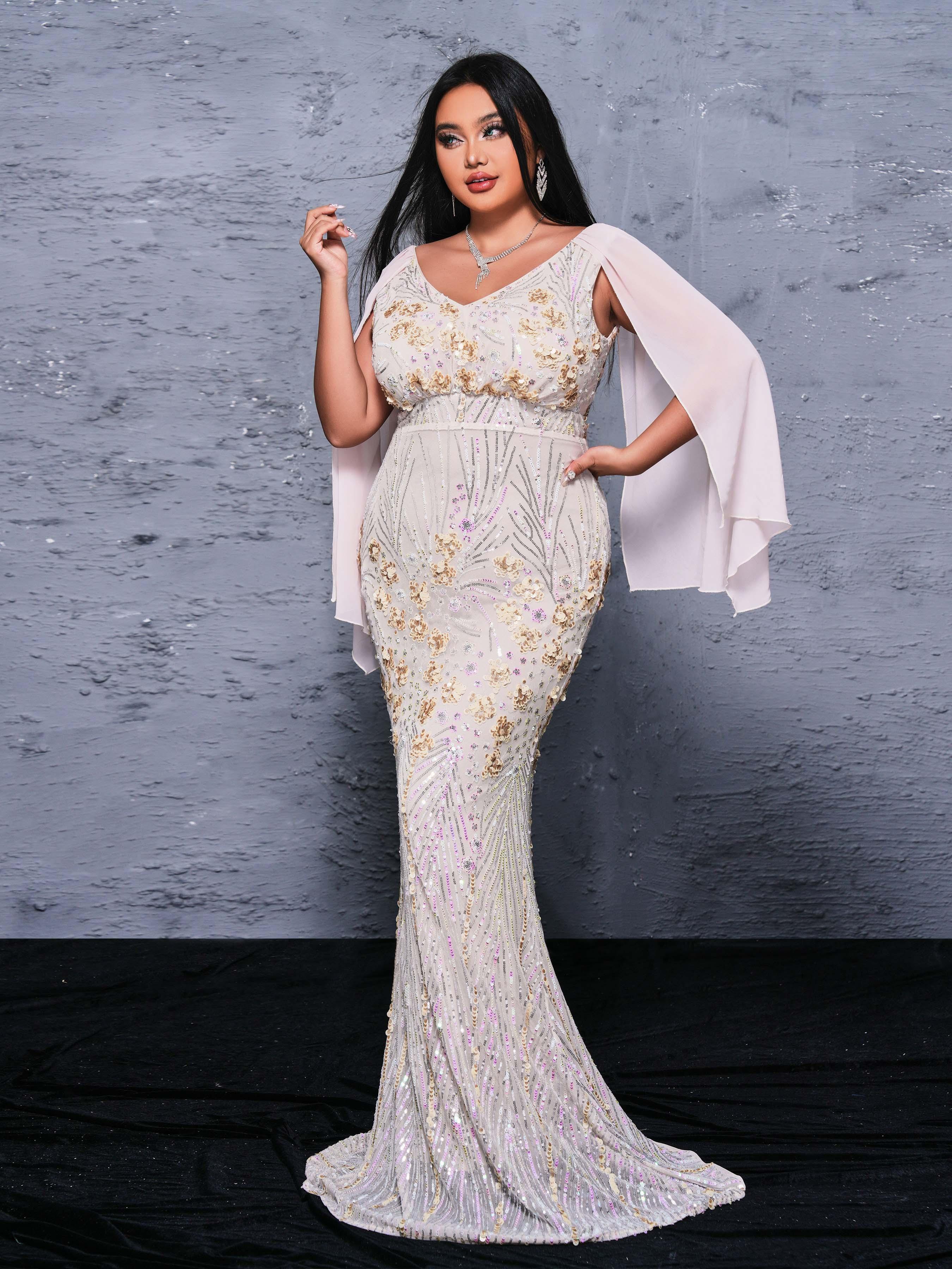 Plus V-neck Floral Sequin Mermaid Dress PRX70154 Plus V-neck Floral Sequin Mermaid Dress PRX70154