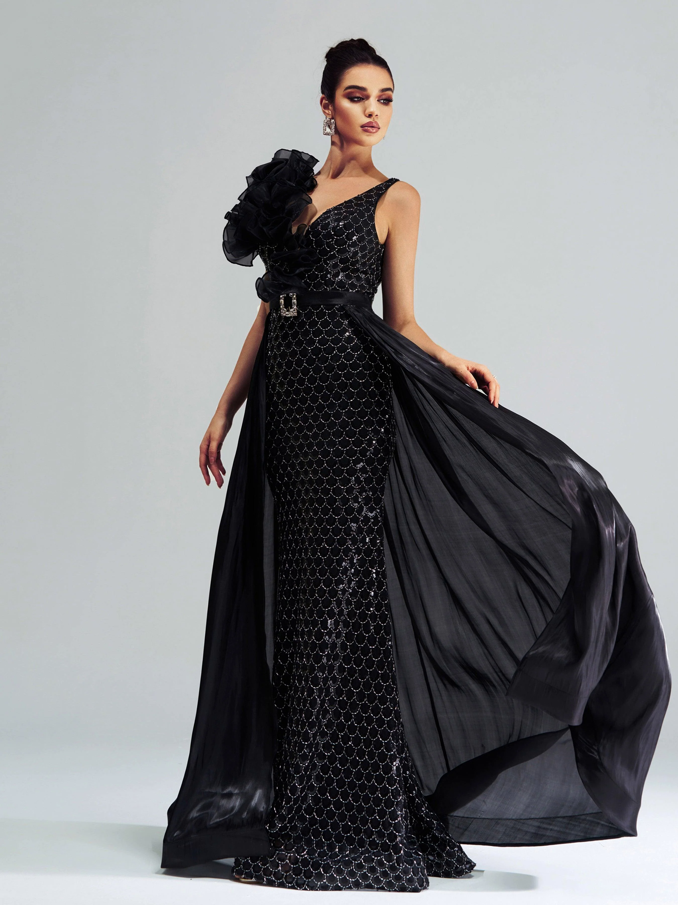 Ruffled Backless Mesh Cape Evening Dress DH80079 Ruffled Backless Mesh Cape Evening Dress DH80079