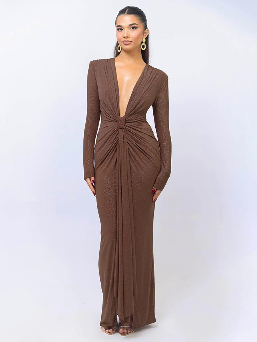 Plung Long Sleeve Ruched Solid Prom Dress MYC2022 Plung Long Sleeve Ruched Solid Prom Dress MYC2022
