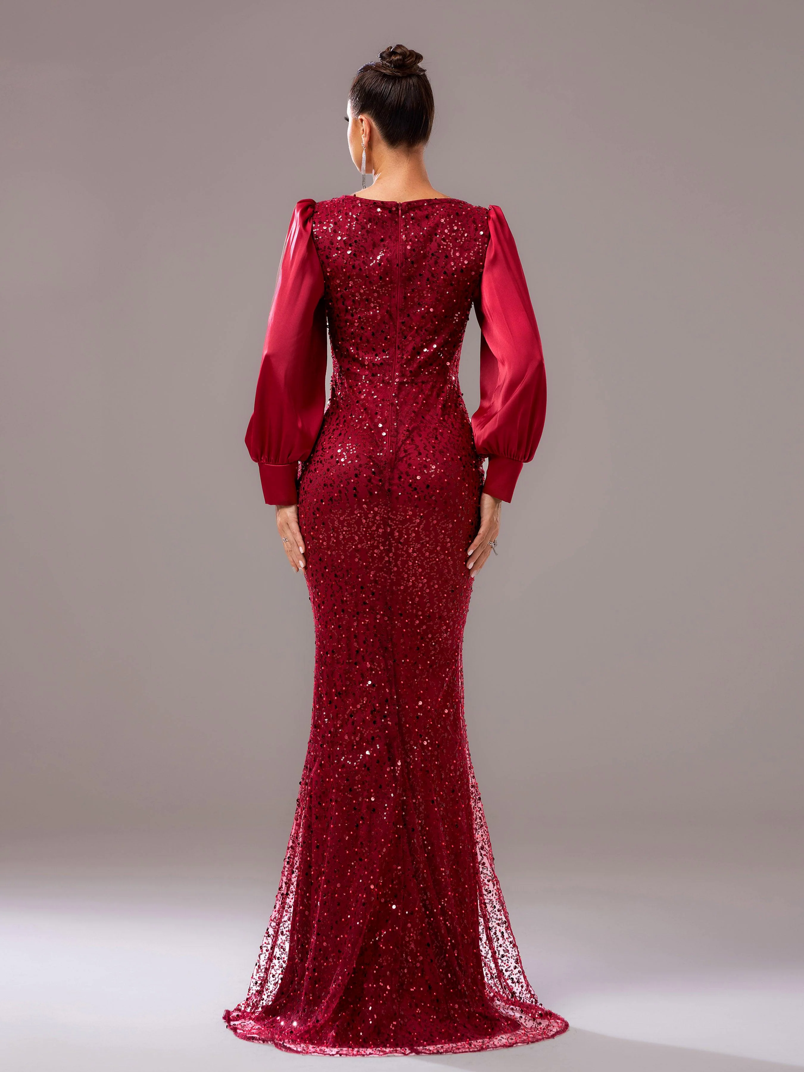 Red Panel Sequin Long Sleeve Mermaid Evening Dress RJ11967 Red Panel Sequin Long Sleeve Mermaid Evening Dress RJ11967
