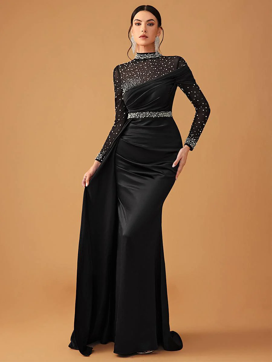 Elegant Mesh Beaded Satin Turtleneck Evening Dress GM90146 Elegant Mesh Beaded Satin Turtleneck Evening Dress GM90146