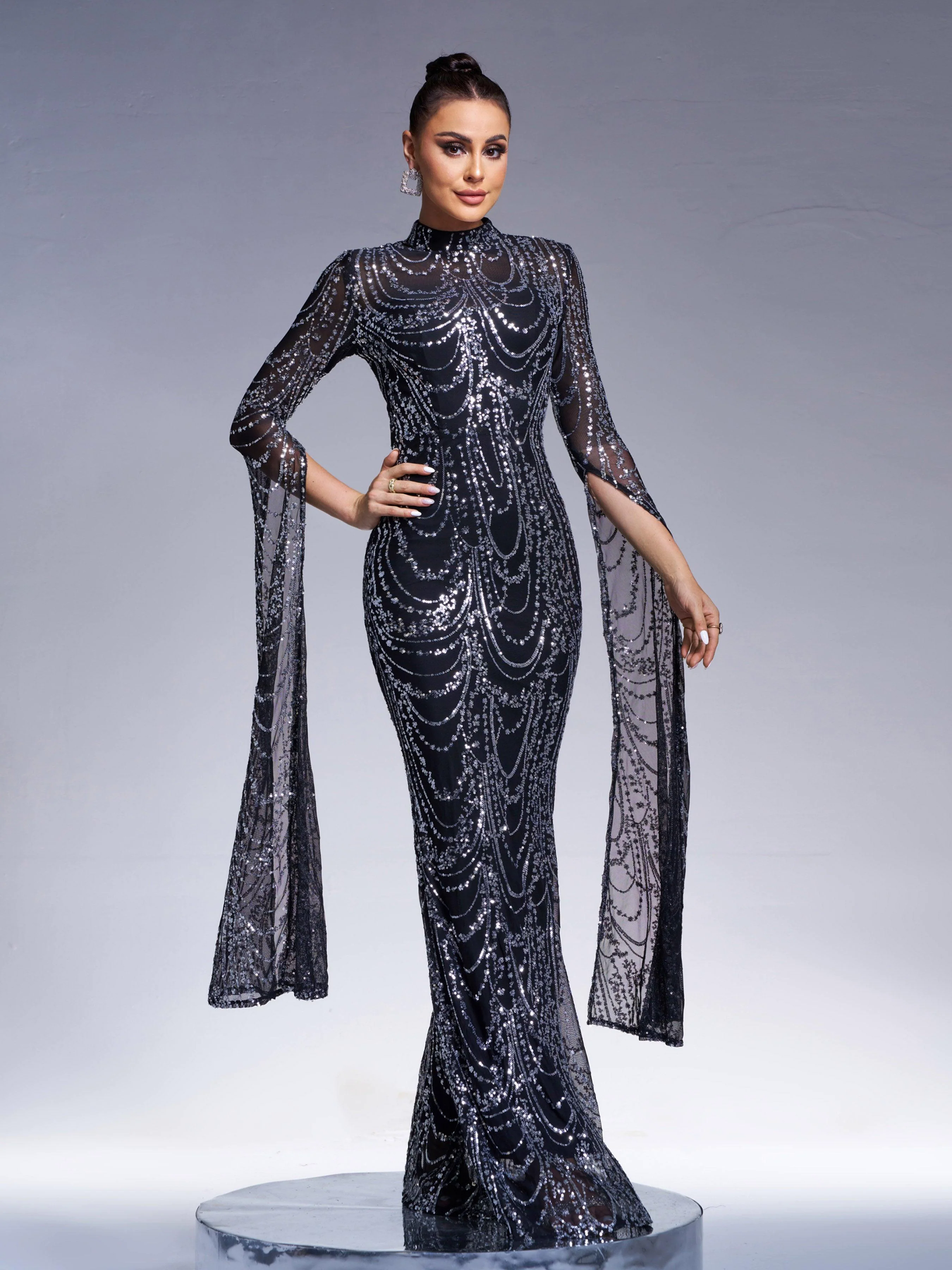 Stand Collar Mermaid Long Sleeve Evening Dress RA60055 Stand Collar Mermaid Long Sleeve Evening Dress RA60055