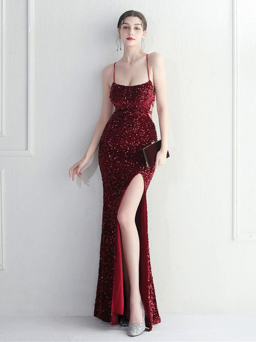 Lace Back Split Sequin Spaghetti Cocktail Dress MYC2004 Lace Back Split Sequin Spaghetti Cocktail Dress MYC2004