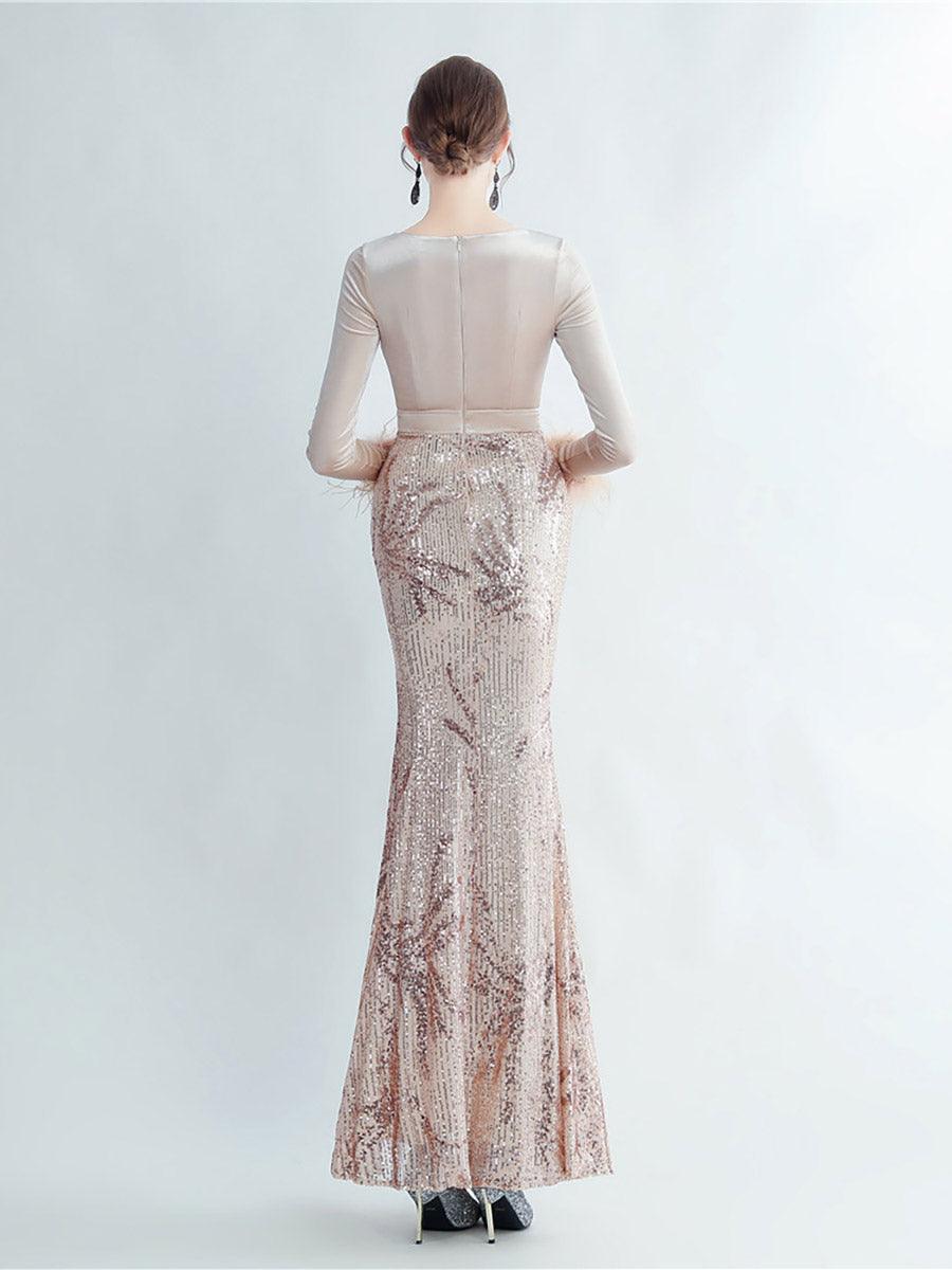 Long Sleeve Velvet Feather Wrap Prom Dress MCW0949 Long Sleeve Velvet Feather Wrap Prom Dress MCW0949