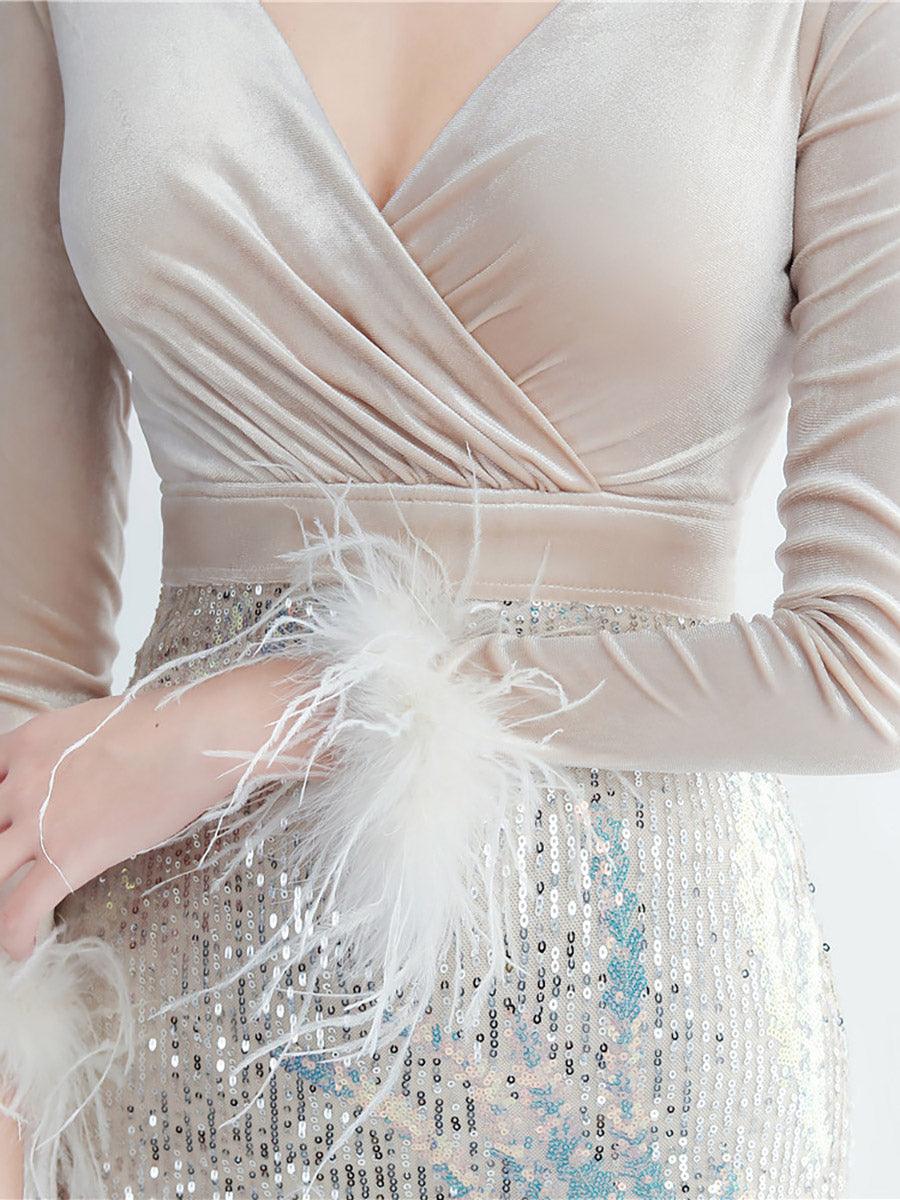 Long Sleeve Velvet Feather Wrap Prom Dress MCW0949 Long Sleeve Velvet Feather Wrap Prom Dress MCW0949