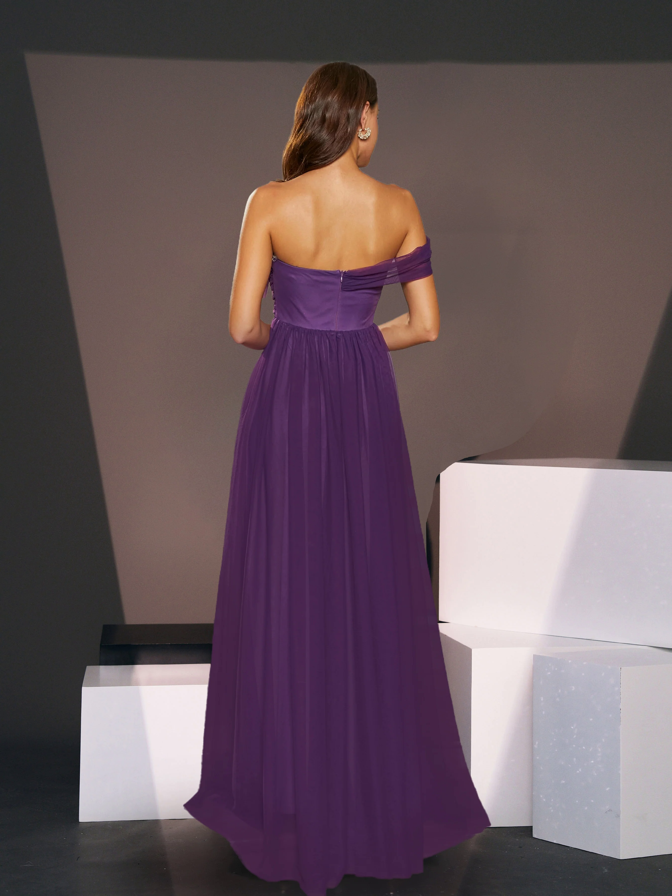 Off Shoulder Pleated A-Line Purple Tulle Bridesmaid Dress RJ10715 Off Shoulder Pleated A-Line Purple Tulle Bridesmaid Dress RJ10715