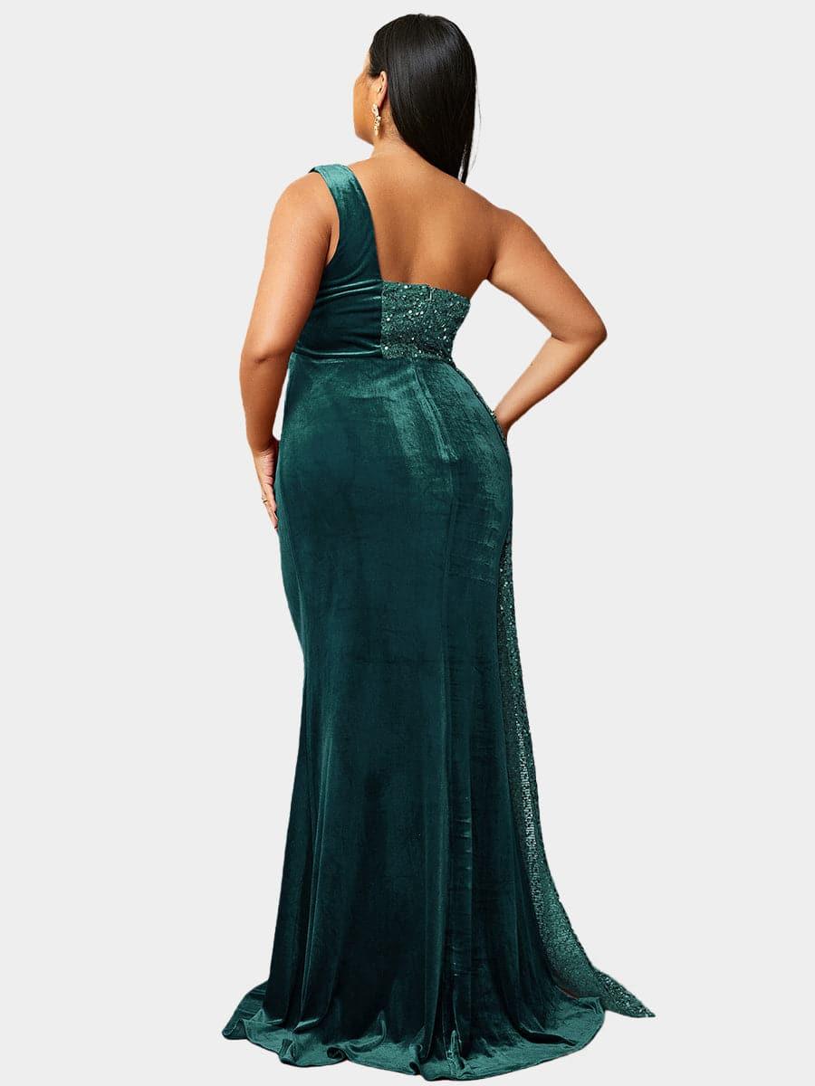 Plus Size One Shoulder Draped Sequin Burgundy Prom Dress PXH2356 Plus Size One Shoulder Draped Sequin Burgundy Prom Dress PXH2356