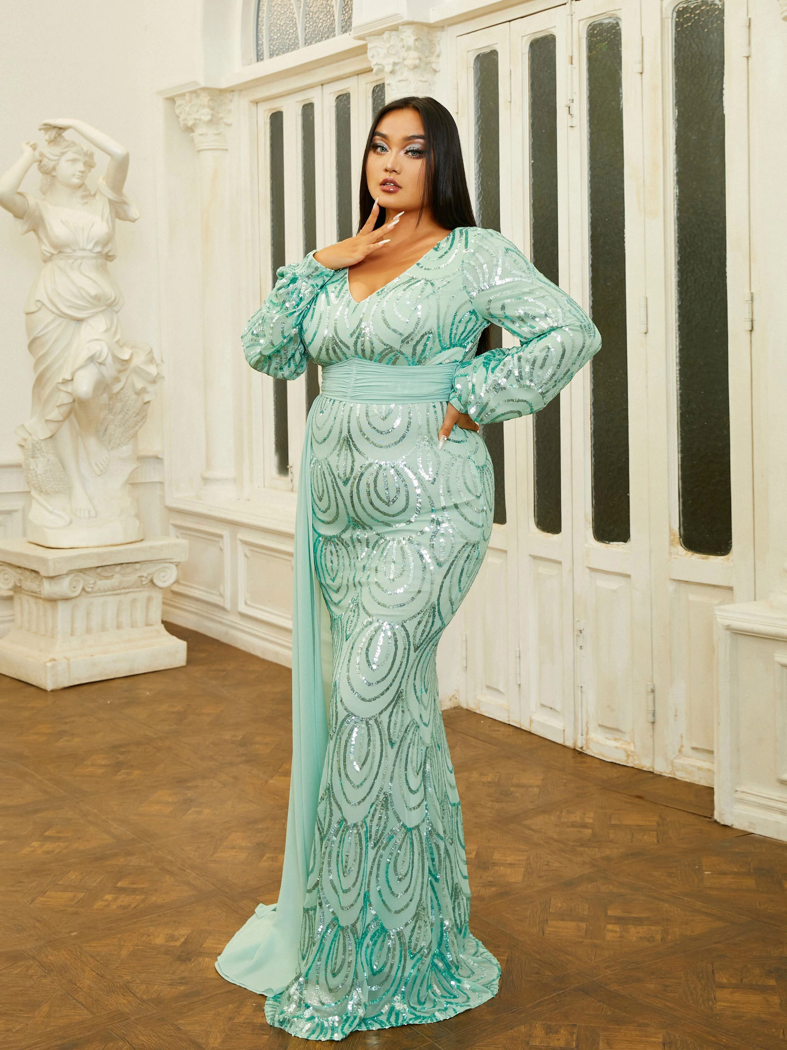 Plus V-Neck Long Sleeve Prom Dress PXJ1524 Plus V-Neck Long Sleeve Prom Dress PXJ1524