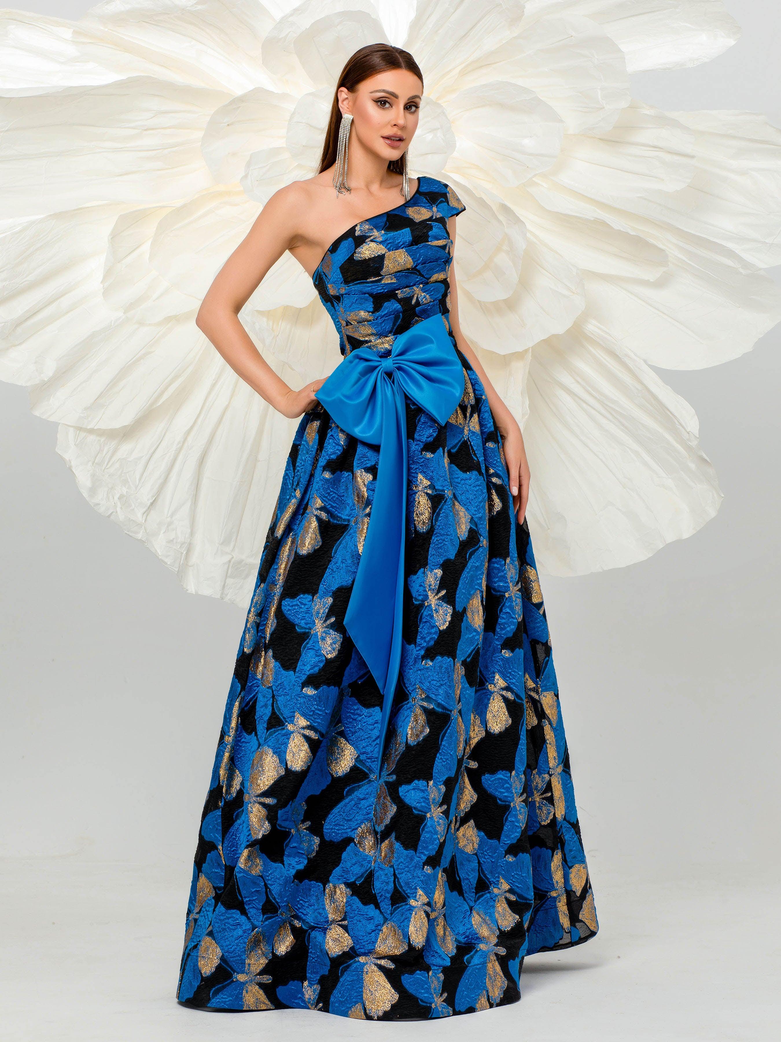 Pleated Jacquard Bow Floral A-line Dress DH80107 Pleated Jacquard Bow Floral A-line Dress DH80107