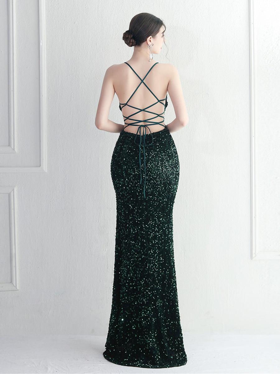 Lace Back Split Sequin Spaghetti Cocktail Dress MYC2004 Lace Back Split Sequin Spaghetti Cocktail Dress MYC2004