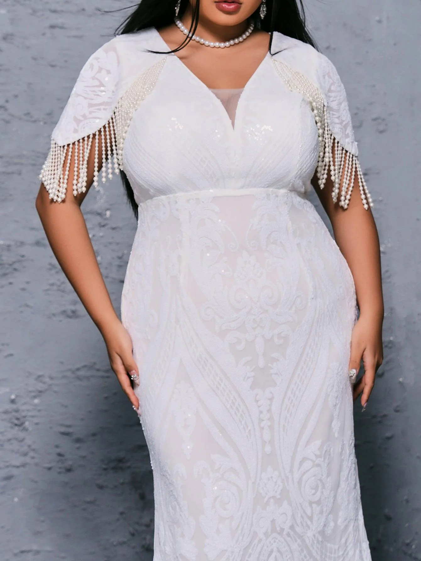 Plus V-Neck Pearl White Mermaid Dress PRX70092 Plus V-Neck Pearl White Mermaid Dress PRX70092