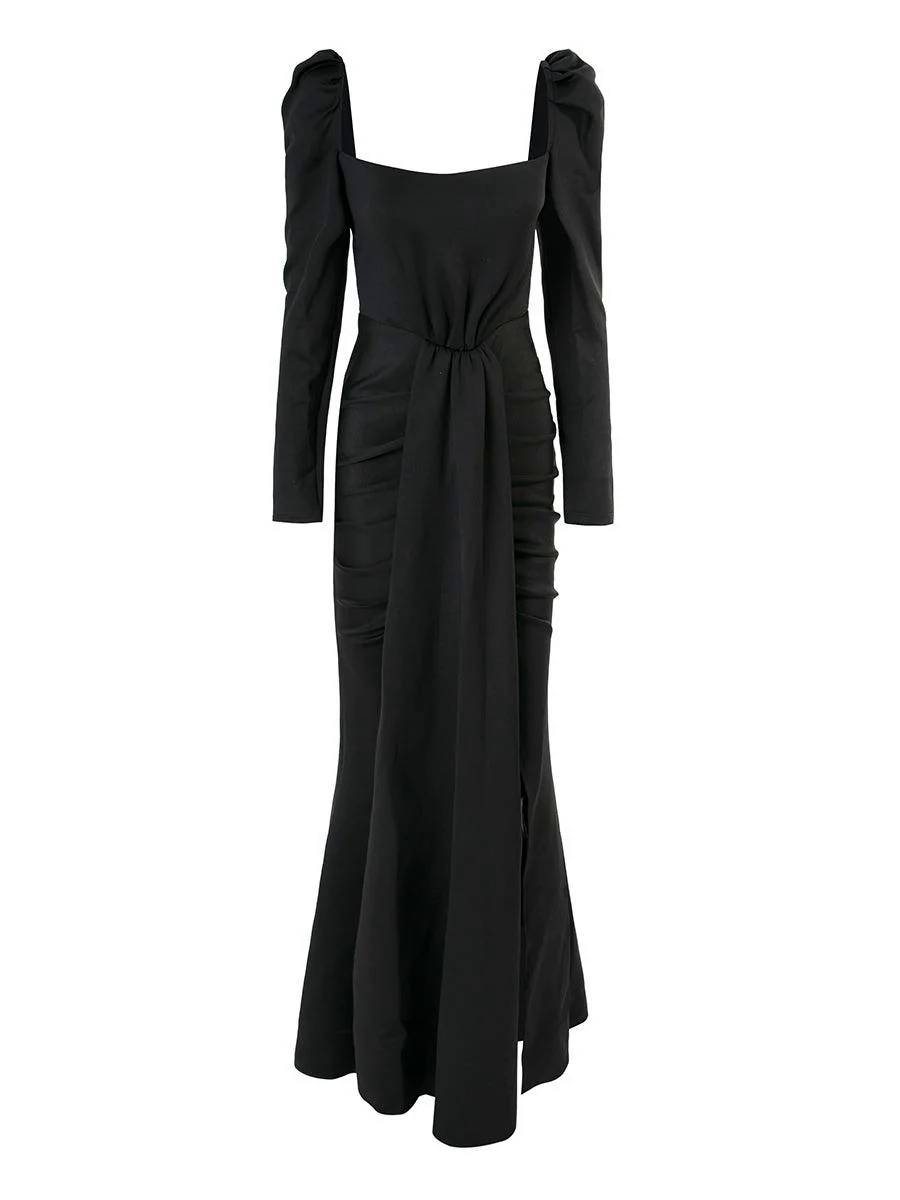 Puff Long Sleeve Split Black Mermaid Prom Dress XJ979 Puff Long Sleeve Split Black Mermaid Prom Dress XJ979