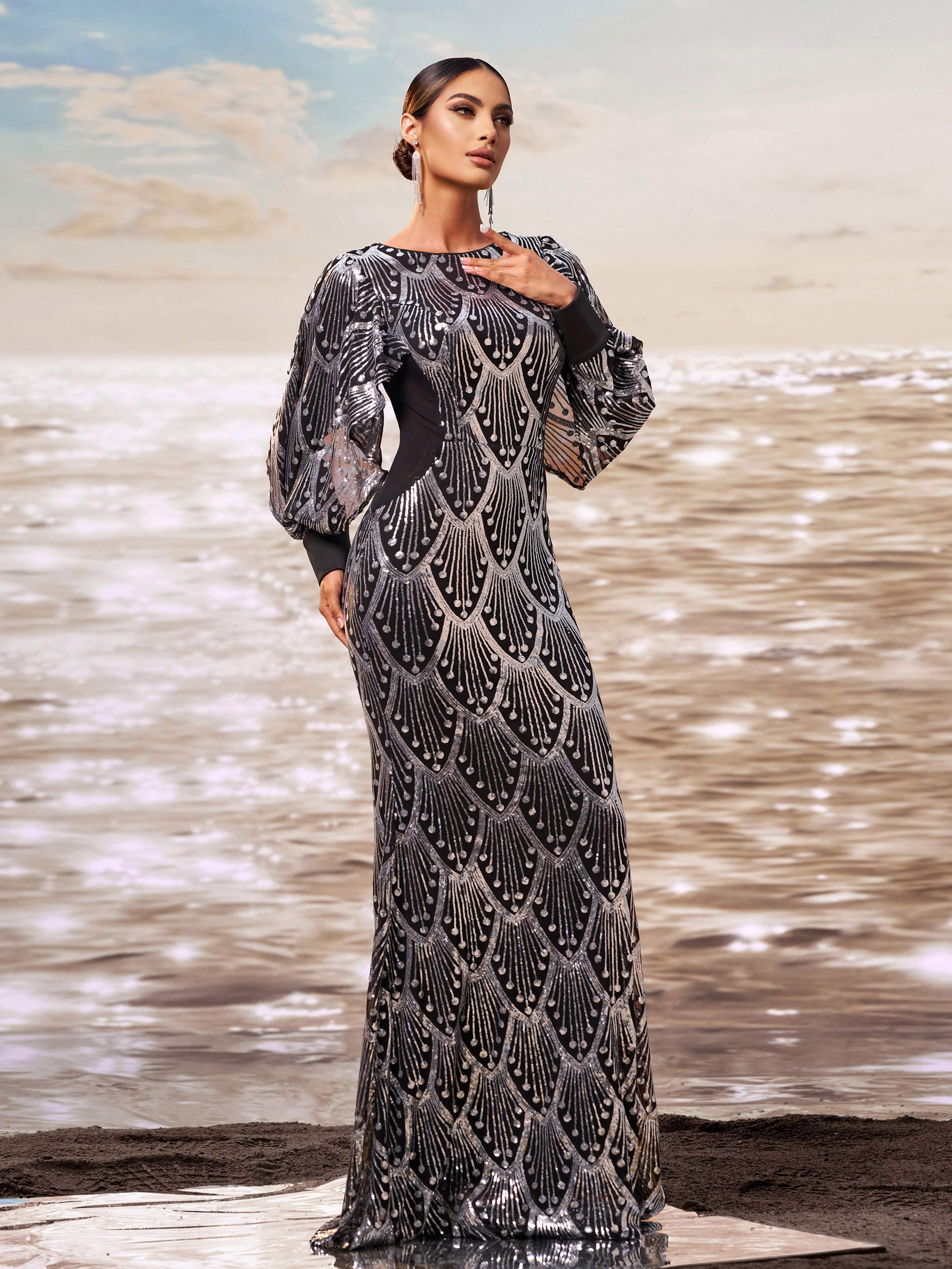Classic Black Sequin Ballon Sleeve Prom Dress DH80287 Classic Black Sequin Ballon Sleeve Prom Dress DH80287