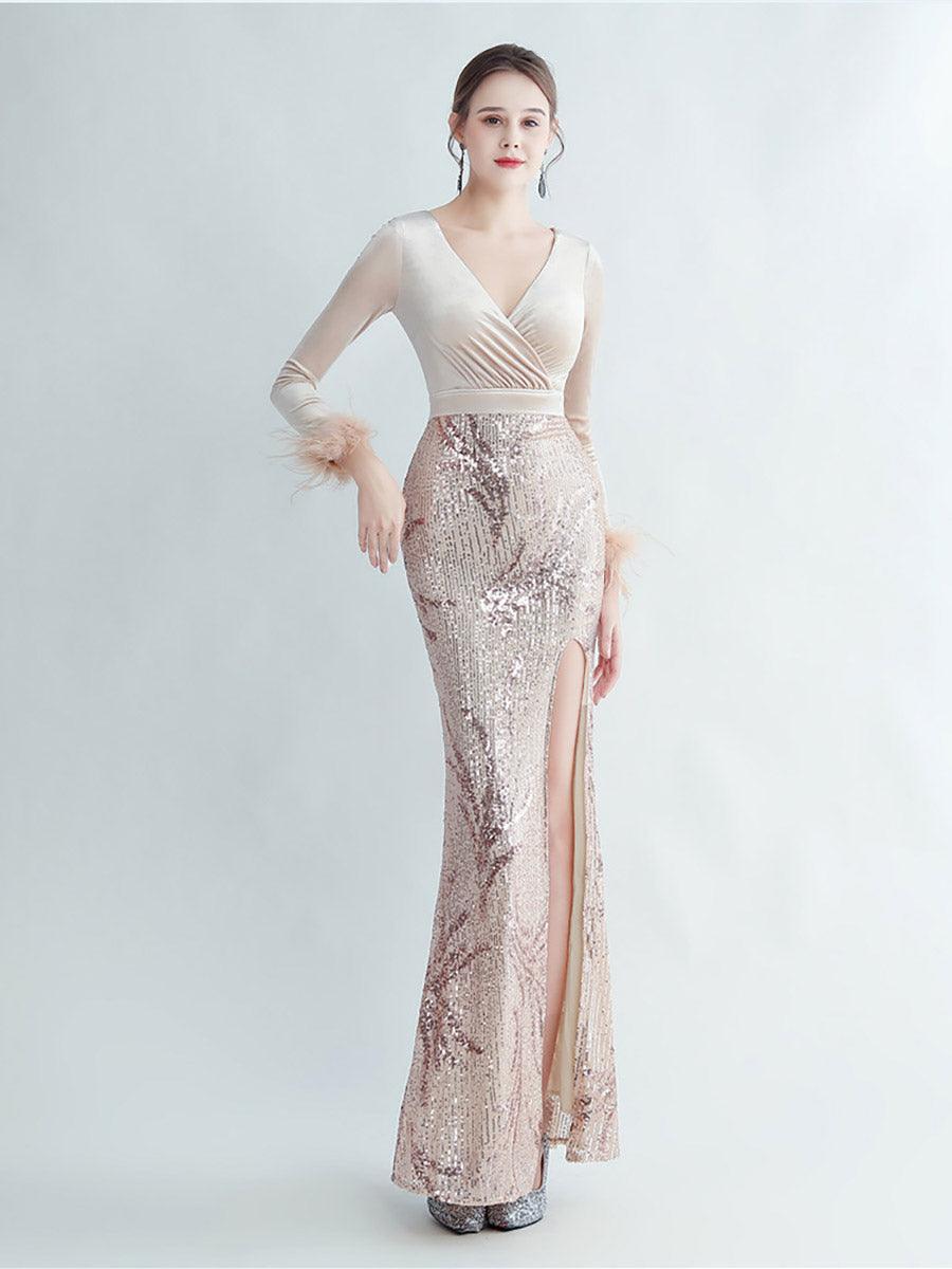 Long Sleeve Velvet Feather Wrap Prom Dress MCW0949 Long Sleeve Velvet Feather Wrap Prom Dress MCW0949