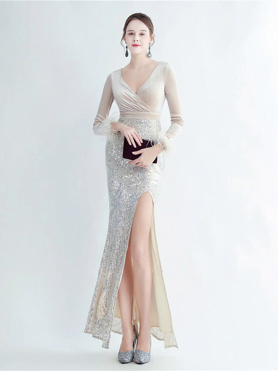 Long Sleeve Velvet Feather Wrap Prom Dress MCW0949 Long Sleeve Velvet Feather Wrap Prom Dress MCW0949