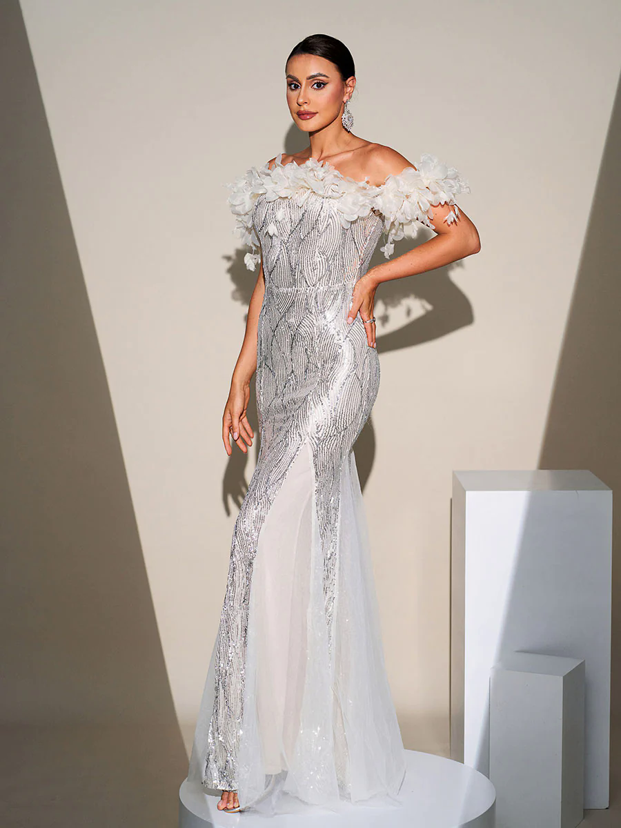 Off Shoulder Appliqued Sequin Mermaid Dress RJ11867 Off Shoulder Appliqued Sequin Mermaid Dress RJ11867