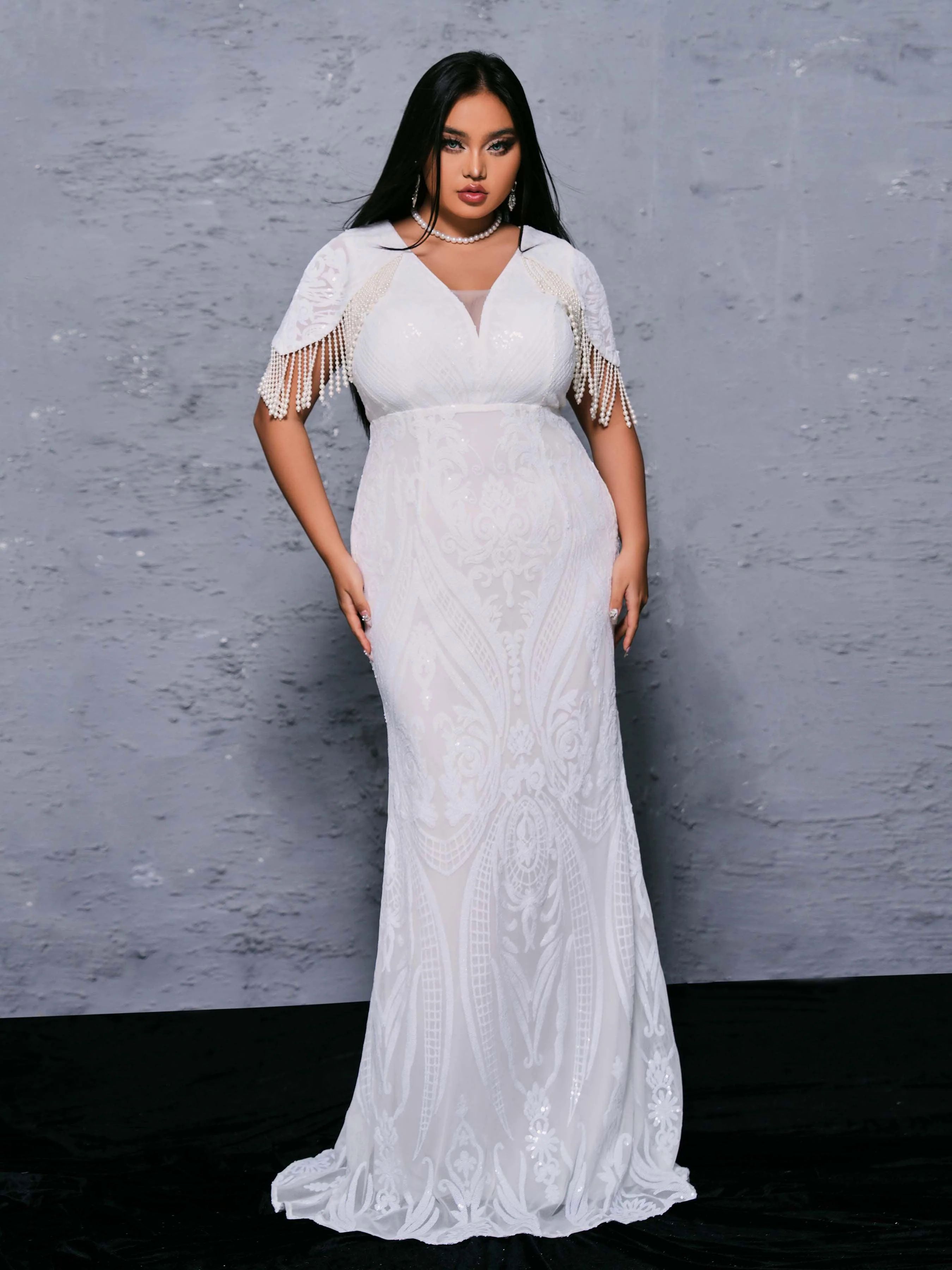 Plus V-Neck Pearl White Mermaid Dress PRX70092 Plus V-Neck Pearl White Mermaid Dress PRX70092