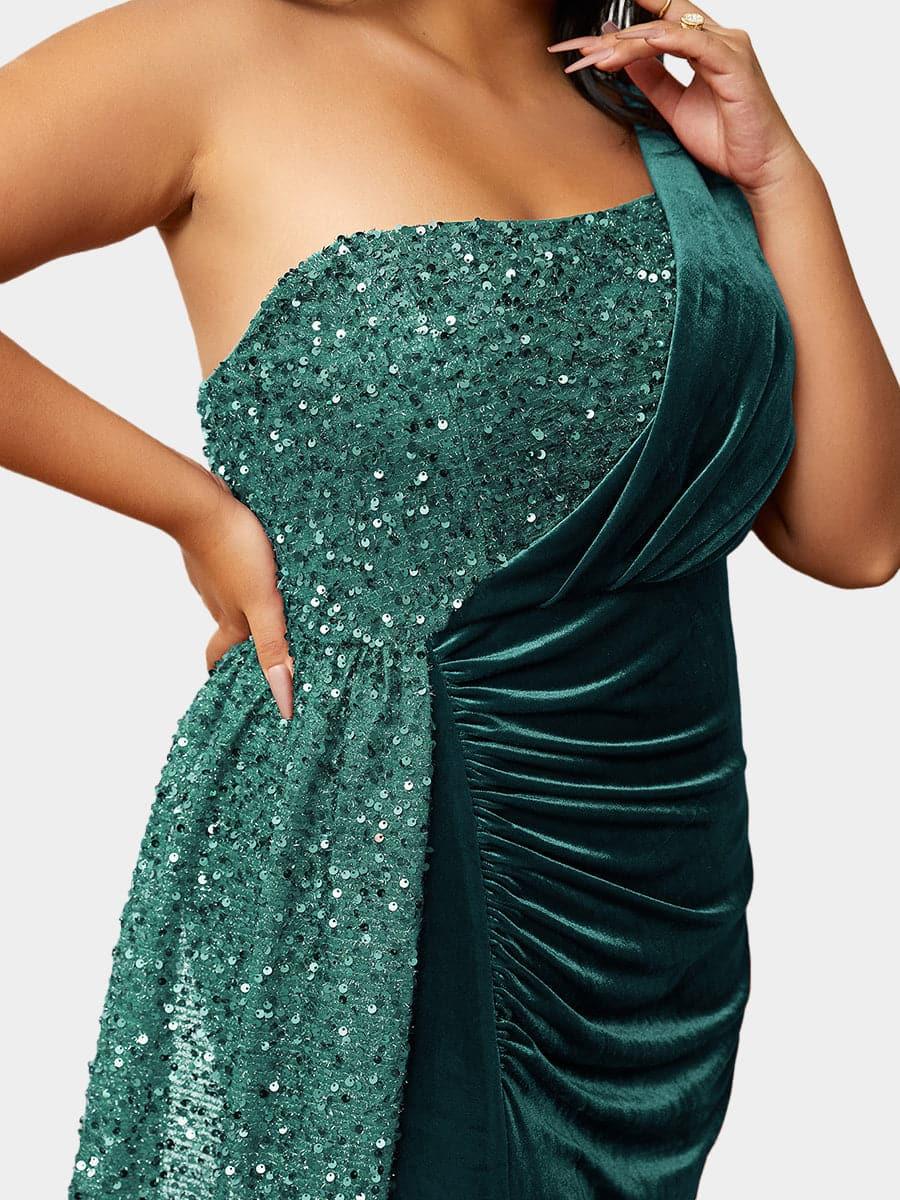 Plus Size One Shoulder Draped Sequin Burgundy Prom Dress PXH2356 Plus Size One Shoulder Draped Sequin Burgundy Prom Dress PXH2356