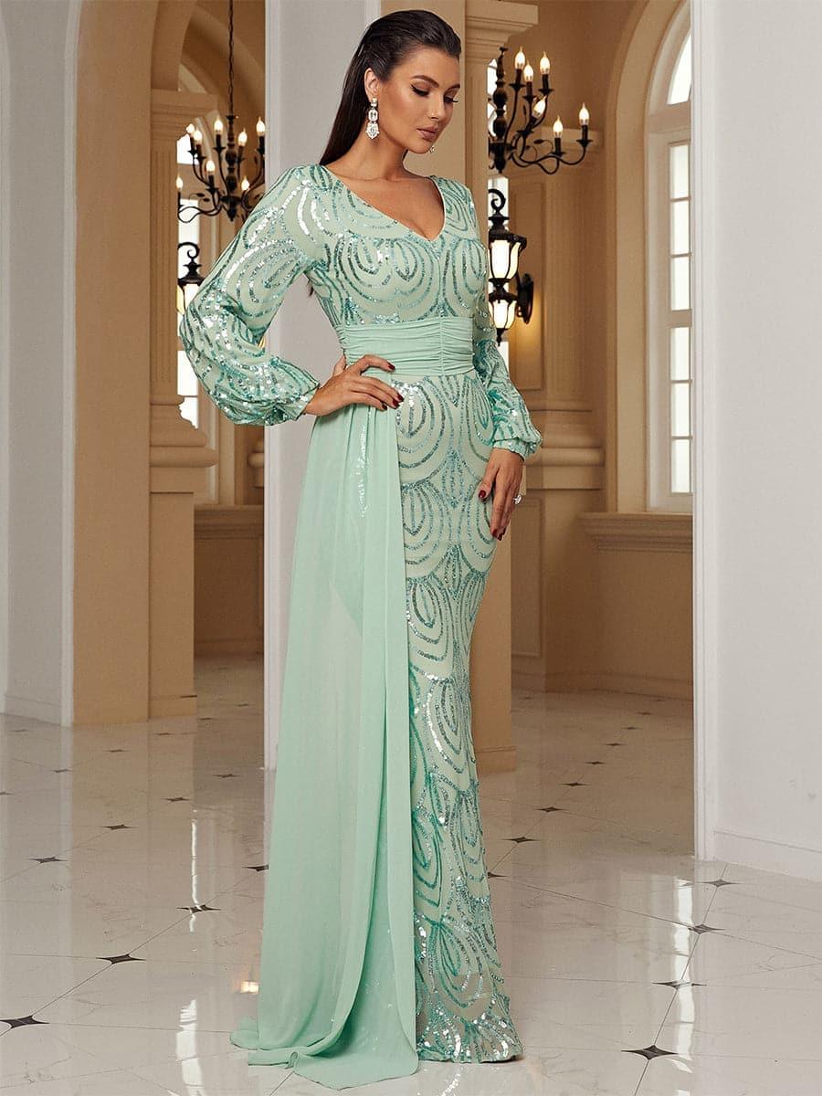 Formal Draping Sequin Long Sleeve Dress XJ1524 Formal Draping Sequin Long Sleeve Dress XJ1524